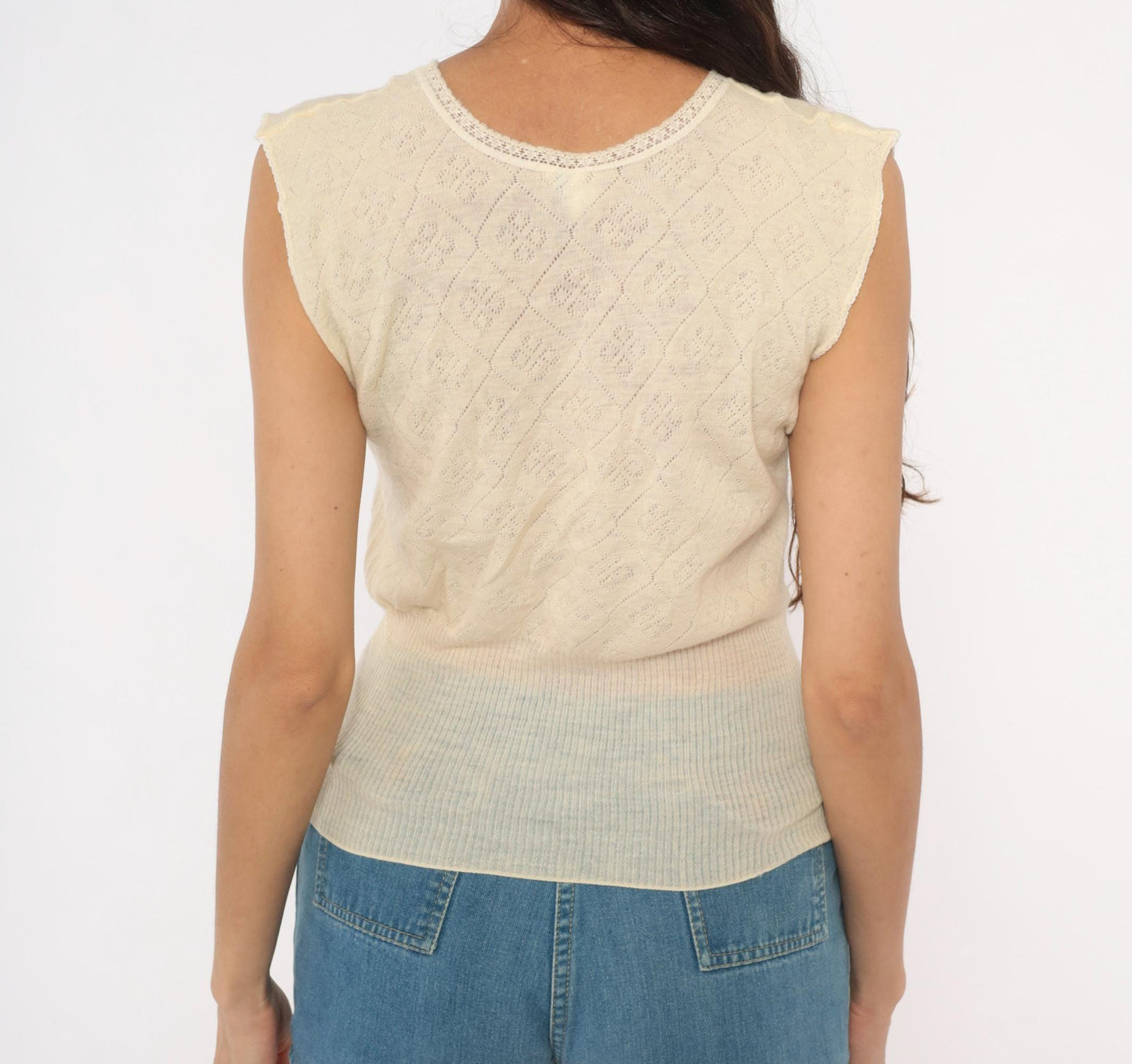 70s Chicas Therm Pointelle Knit Vest Cream Wool Scalloped Trim Extra Large