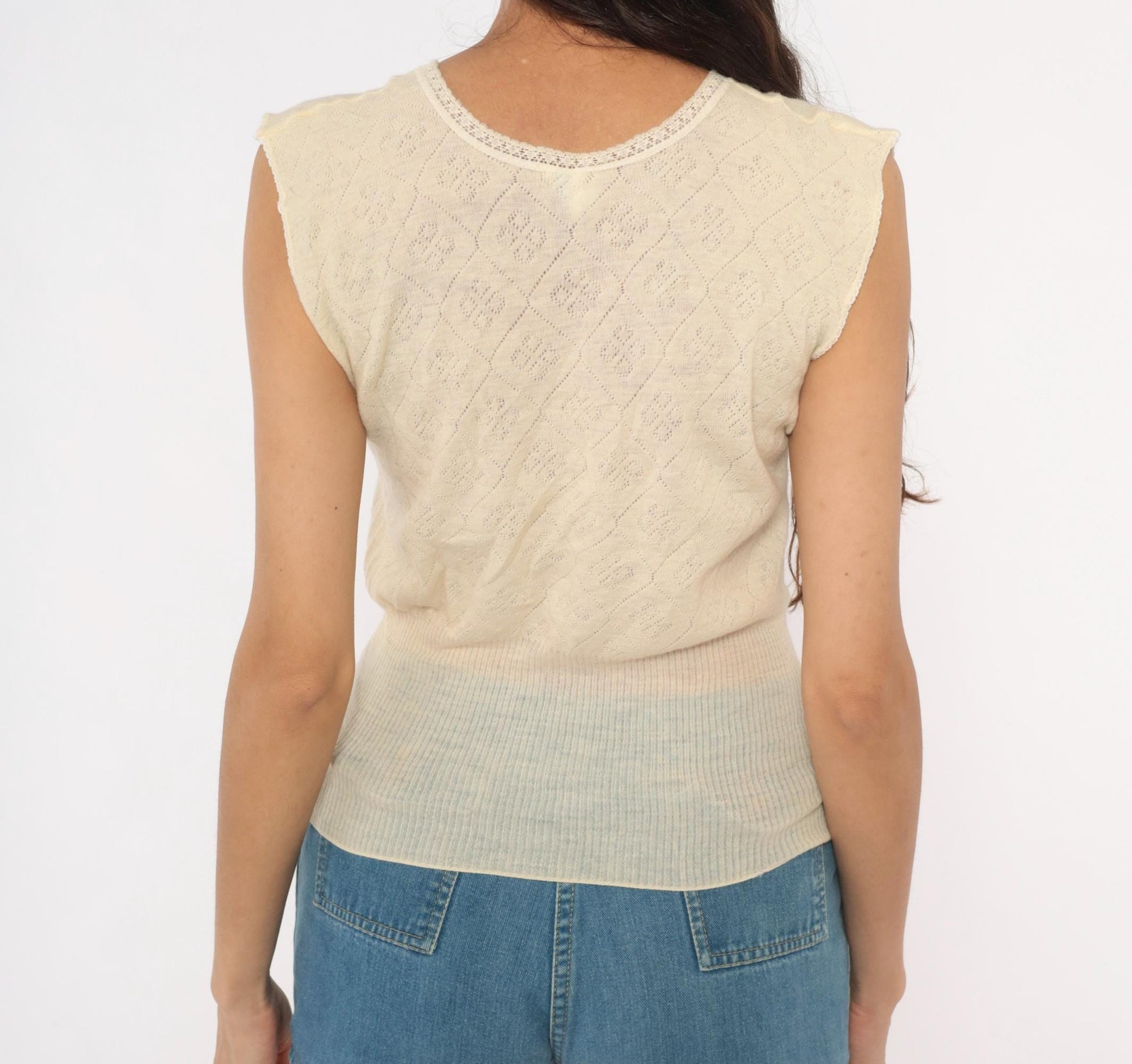 70s Chicas Therm Pointelle Knit Vest Cream Wool Scalloped Trim Extra Large