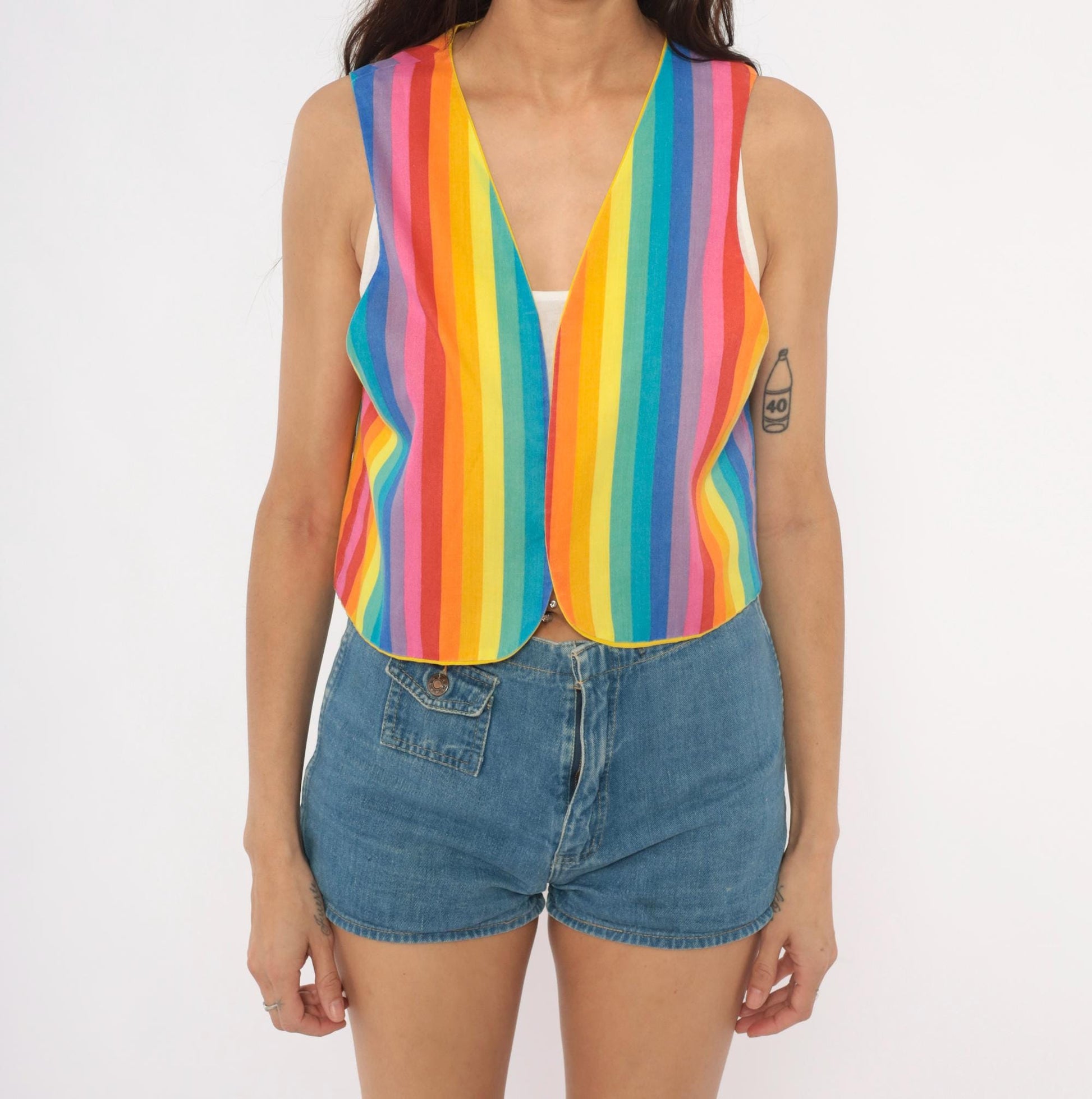 80s Rainbow Stripe Cotton Vest Reversible Yellow Lined Cropped Waistcoat Small