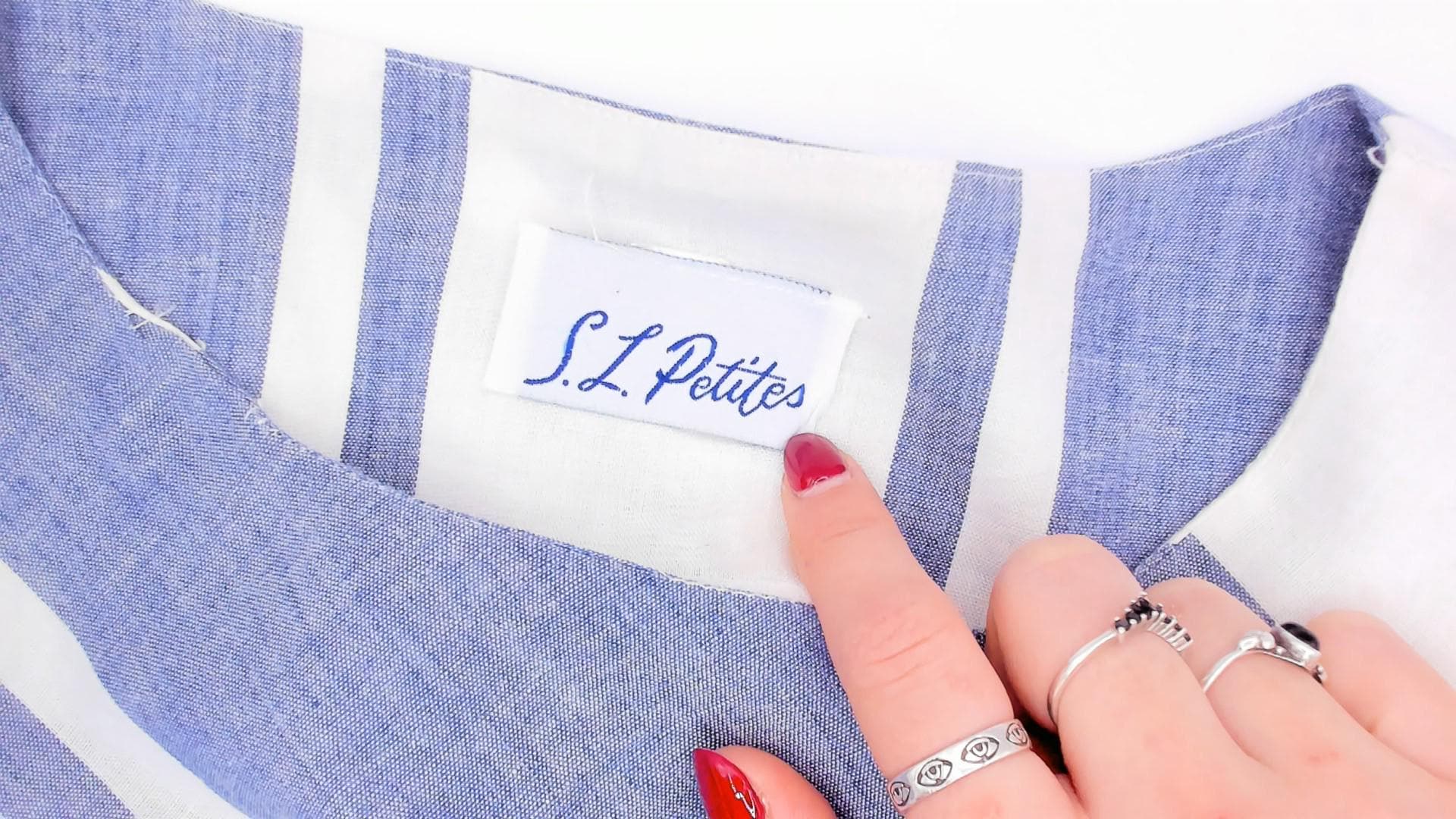80s SL Petites Diagonal Stripe Dress Blue White Cotton Puff Sleeve Medium