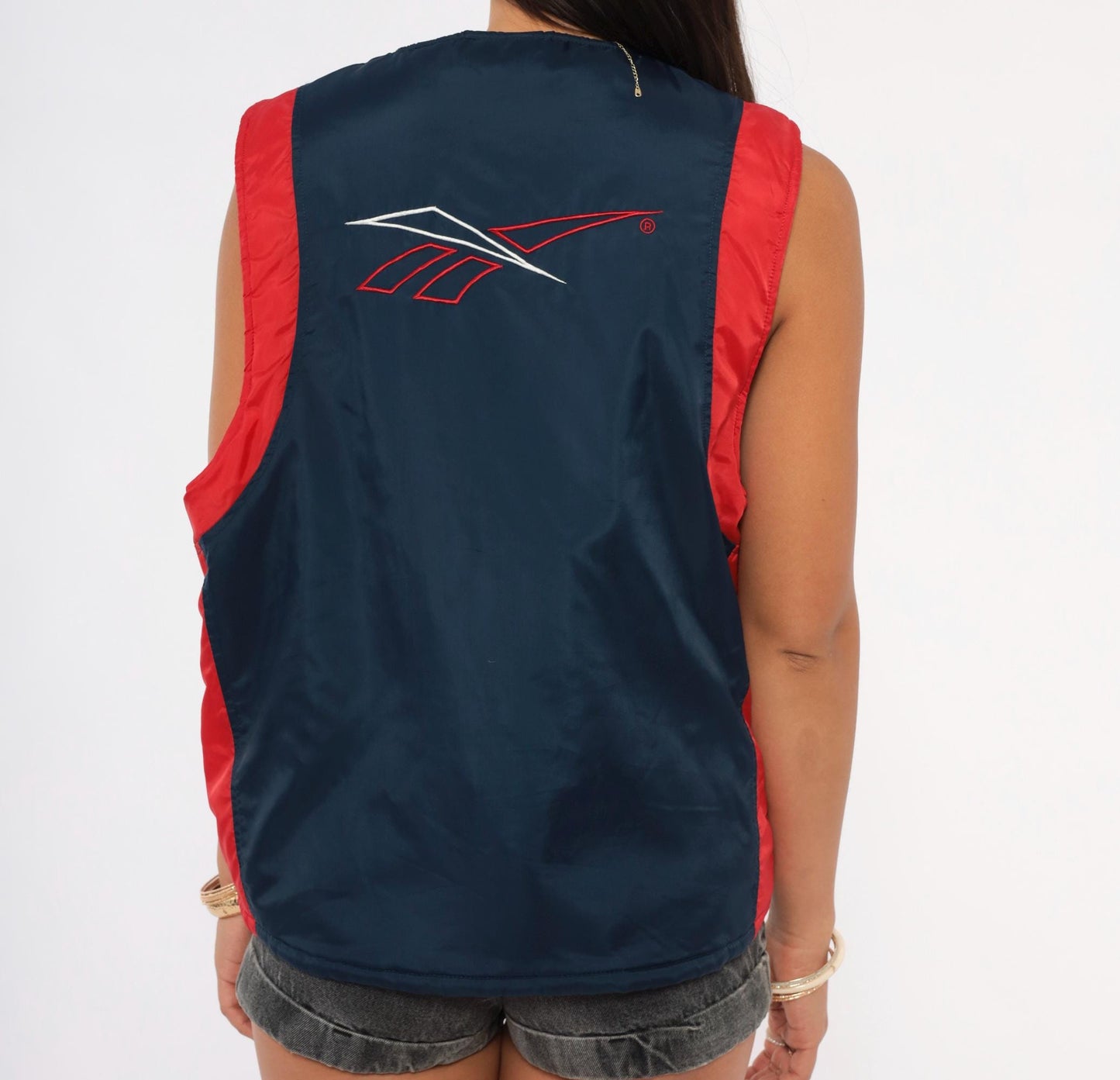 90s Reebok Colorblock Puffer Vest Navy Red Embroidered Logo Large L