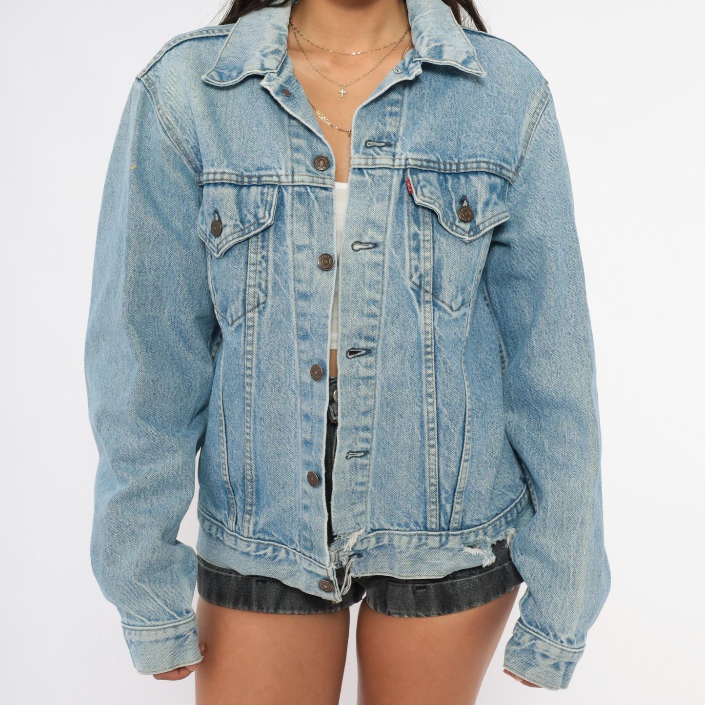 70s Levis Trucker Jacket Light Blue Denim Cotton Button Front Medium
