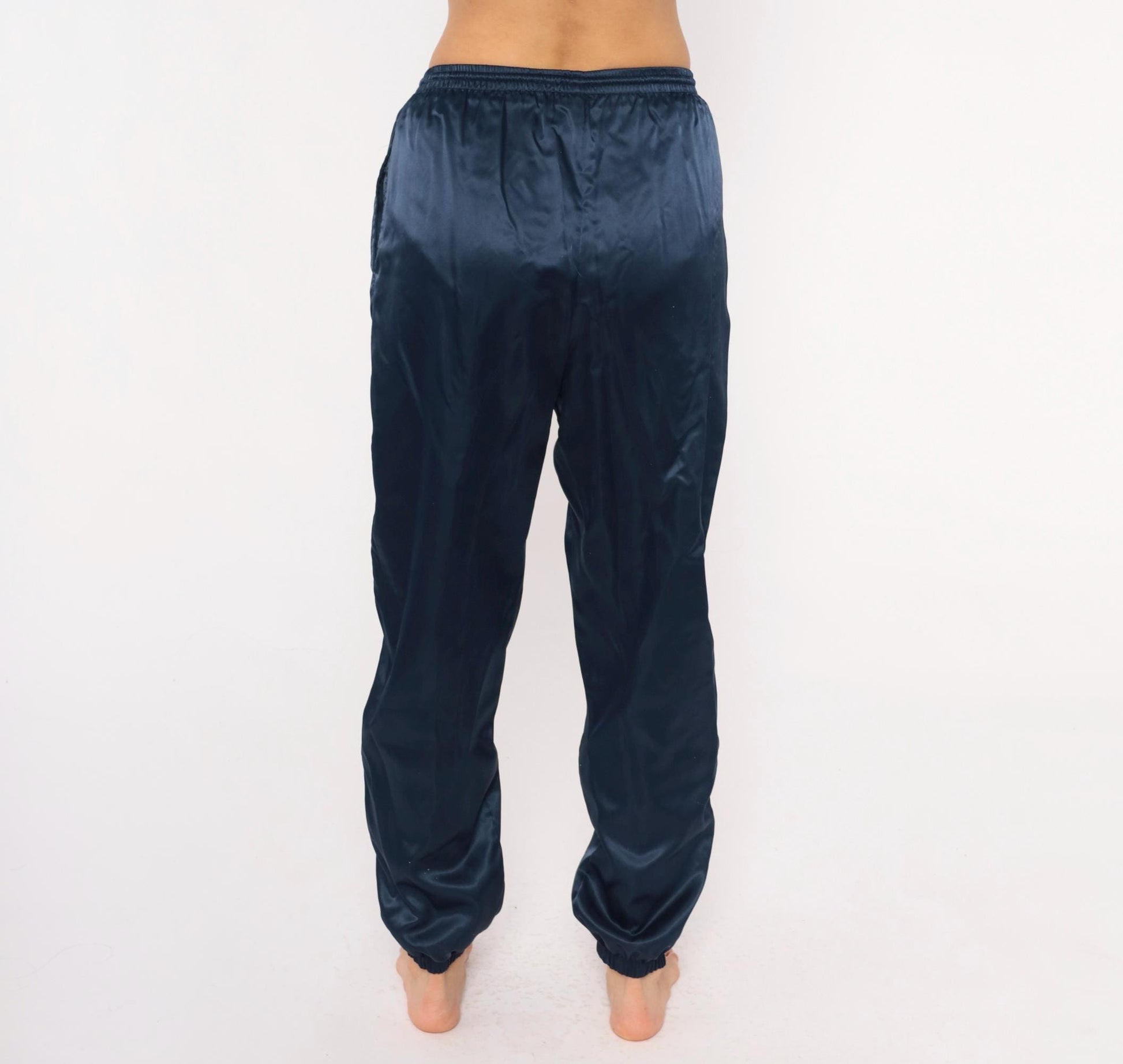 90s Nike Navy Satin Track Pants Swoosh Logo Elastic Waist Small S