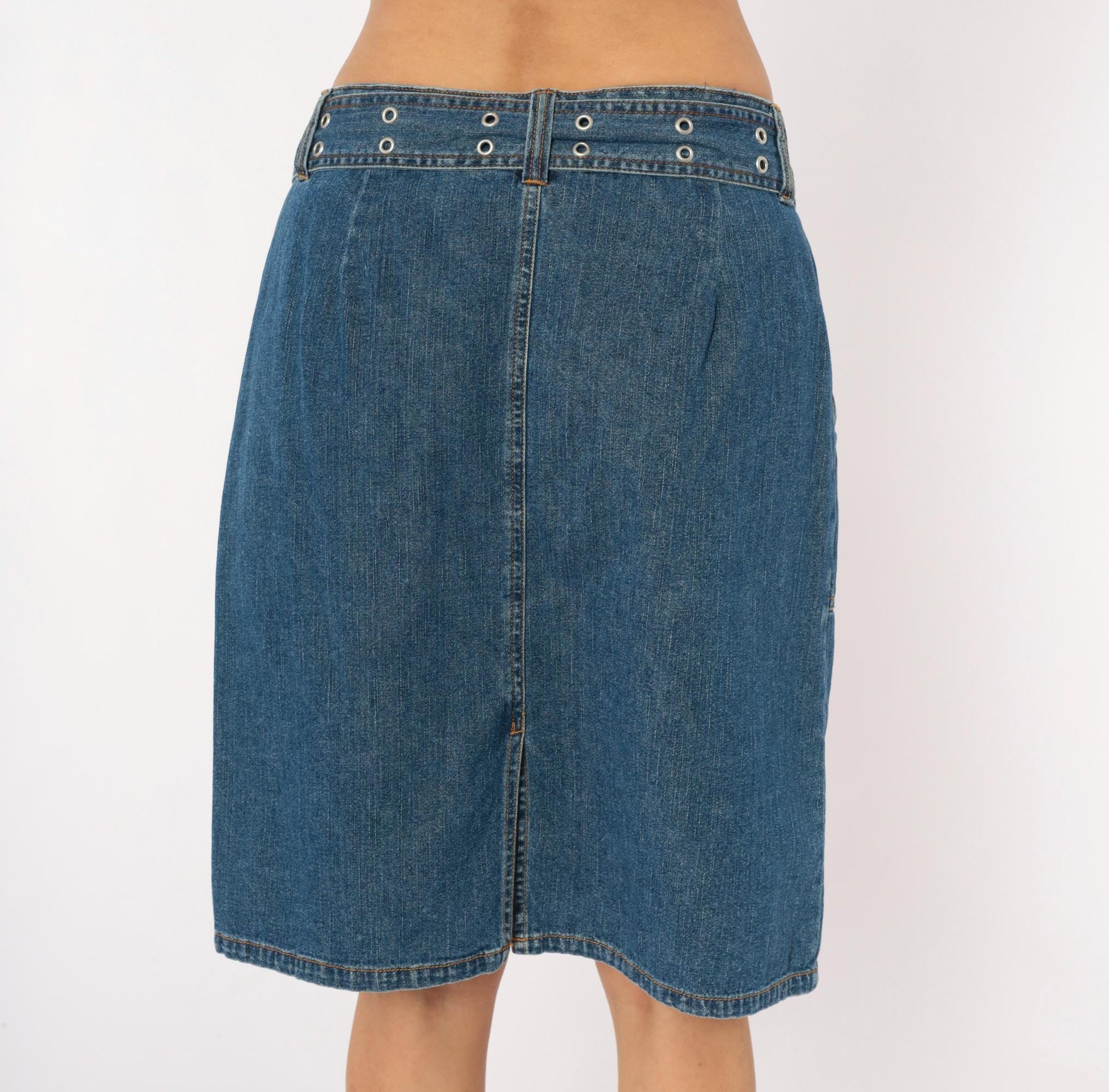 2000s Bill Blass Belted Denim Mini Skirt Indigo Cotton Medium M