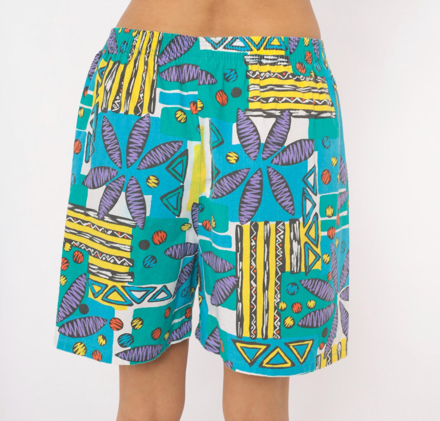 90s Athletic Works Abstract Shorts Teal Purple Geometric Print Cotton Medium