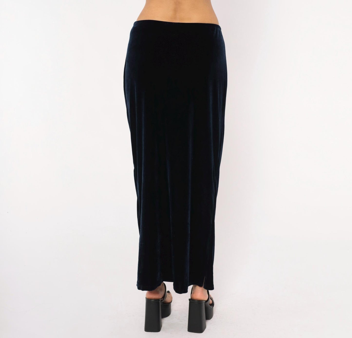 90s Navy Velvet Maxi Skirt Straight Column Ankle Length Medium Large