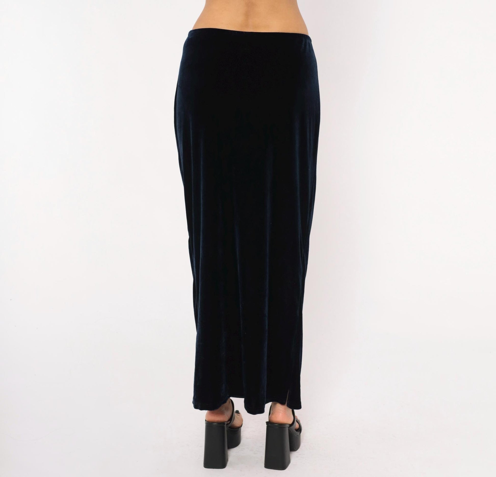 90s Navy Velvet Maxi Skirt Straight Column Ankle Length Medium Large
