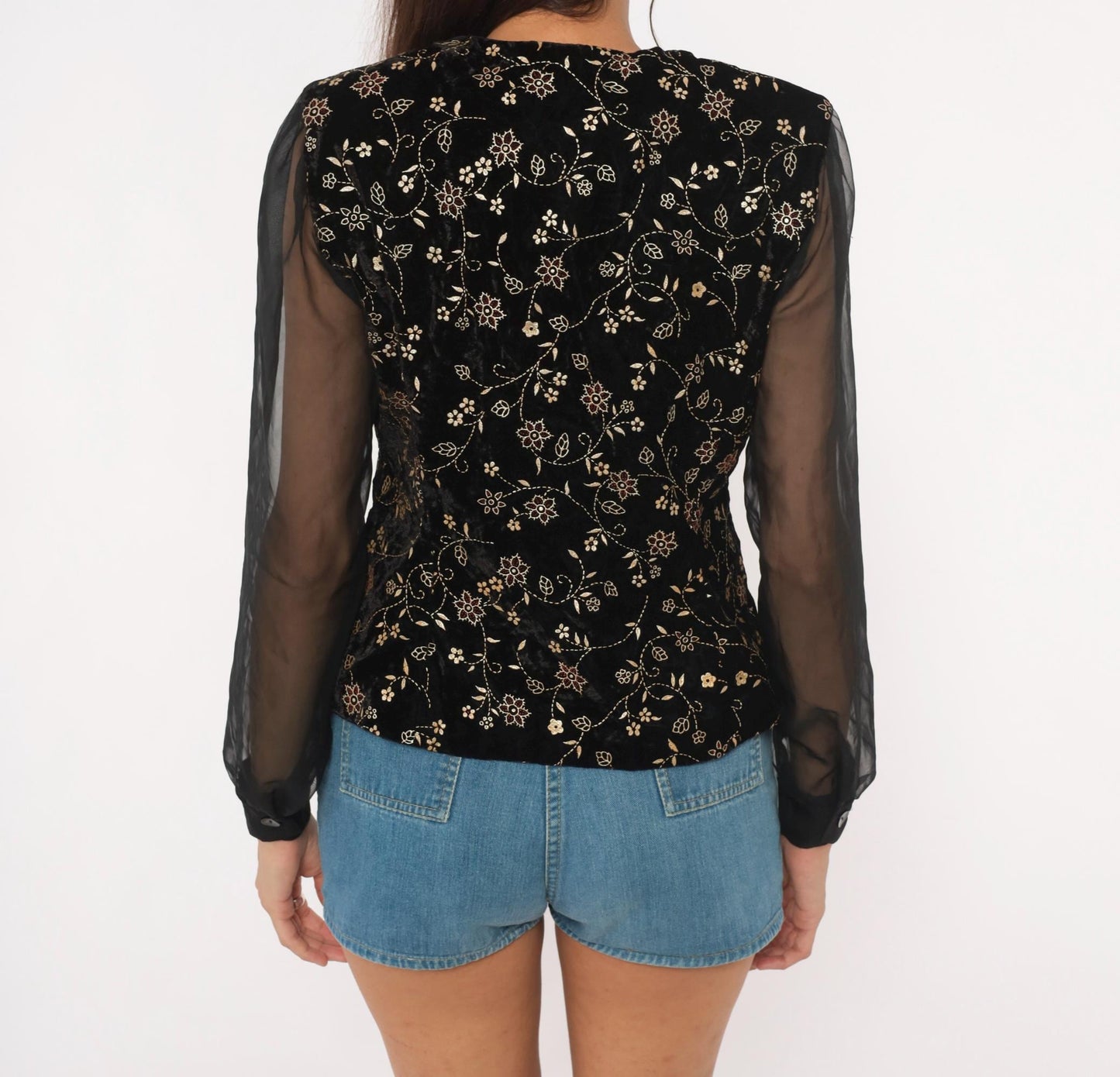 90s Another Thyme Black Velvet Blouse Gold Floral Embroidery Peplum Small