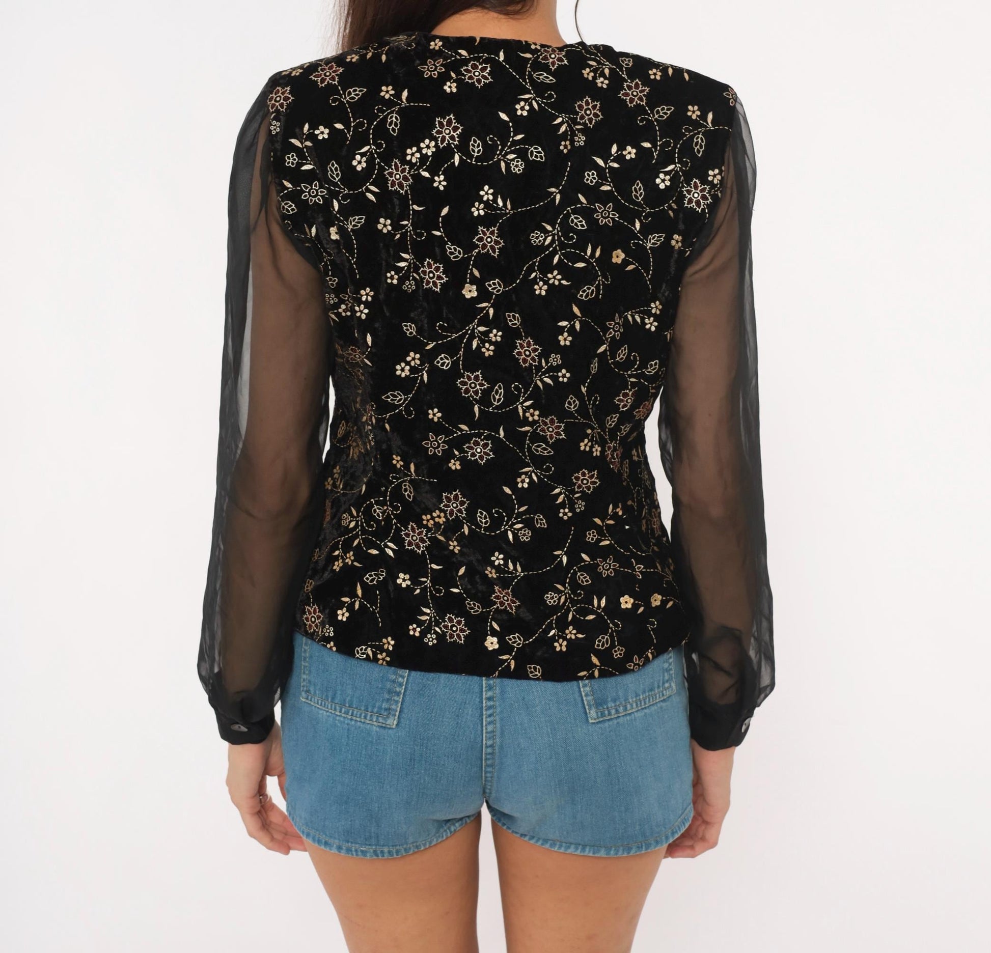 90s Another Thyme Black Velvet Blouse Gold Floral Embroidery Peplum Small