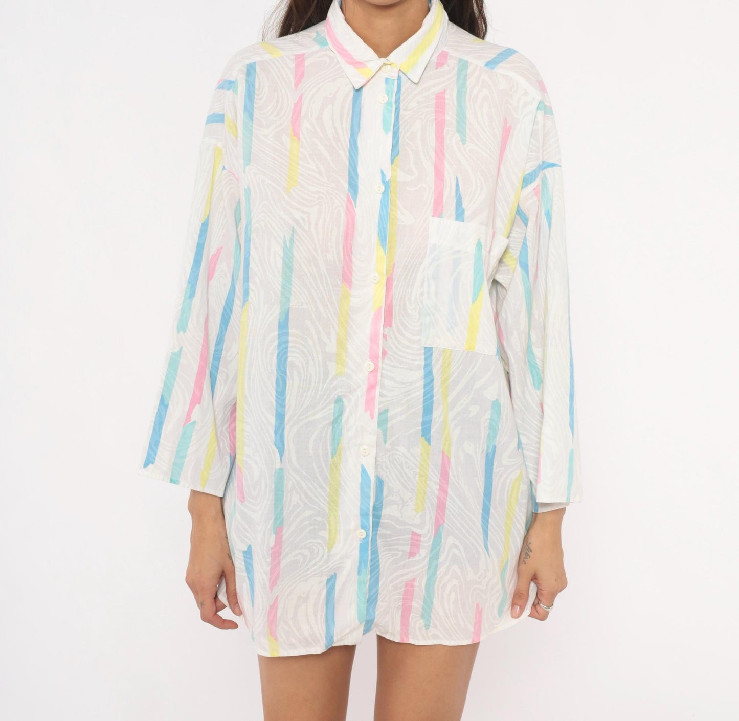 90s Ardmore Abstract Brushstroke Button Blouse Pink Blue Yellow Large L