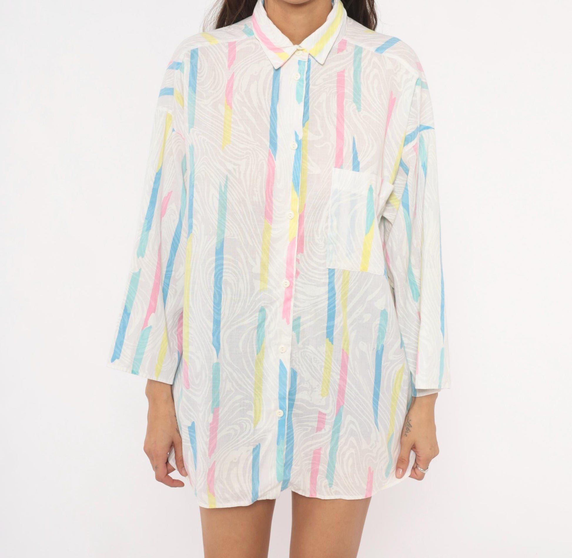 90s Ardmore Abstract Brushstroke Button Blouse Pink Blue Yellow Large L