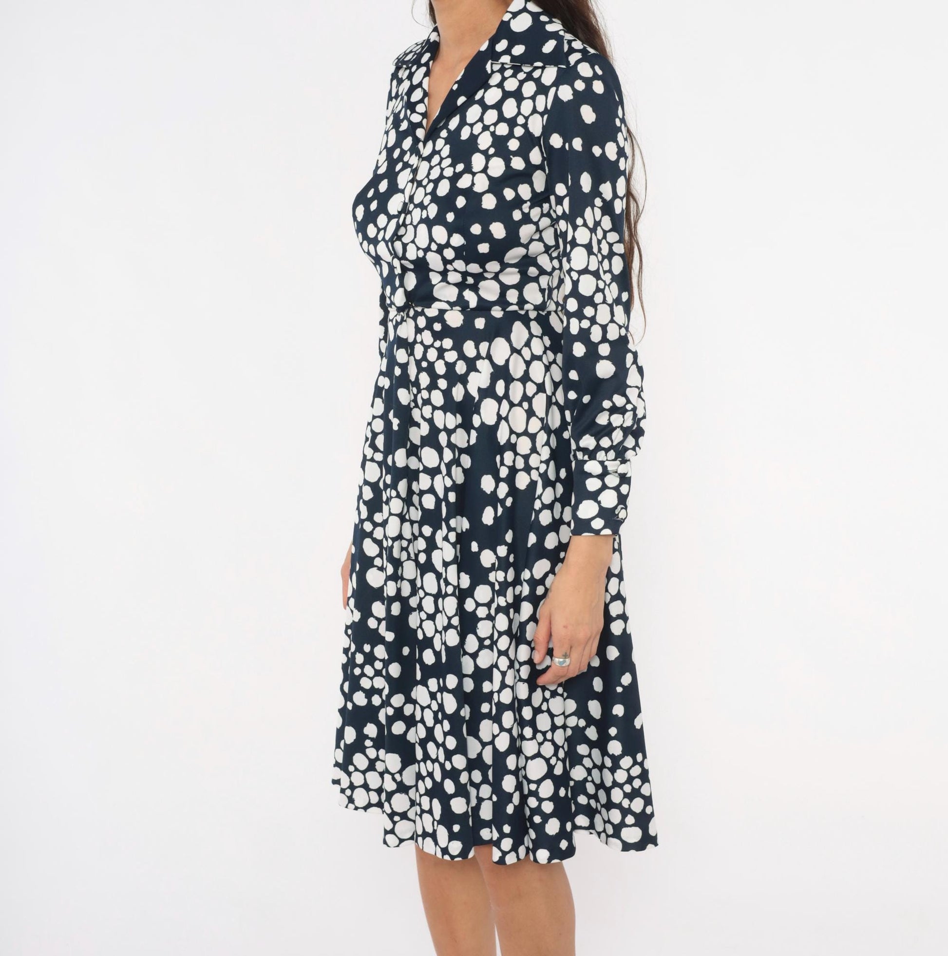 70s Gail Gray Navy Polka Dot Wrap Dress V Neck Button Front Knee Length Extra Small XS