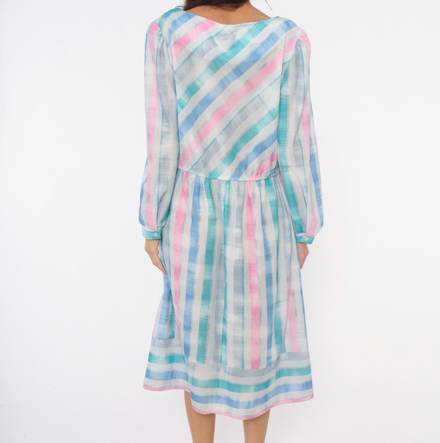 80s Pastel Stripe Diagonal Drop Waist Dress Pink Teal Bishop Sleeve Large L