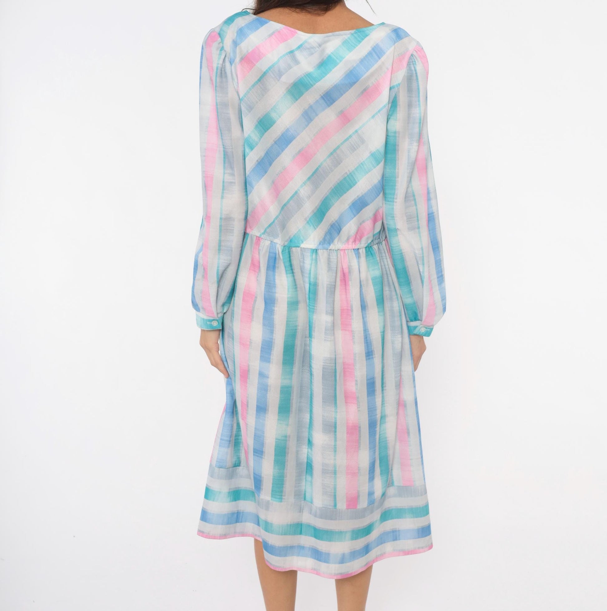80s Pastel Stripe Diagonal Drop Waist Dress Pink Teal Bishop Sleeve Large L