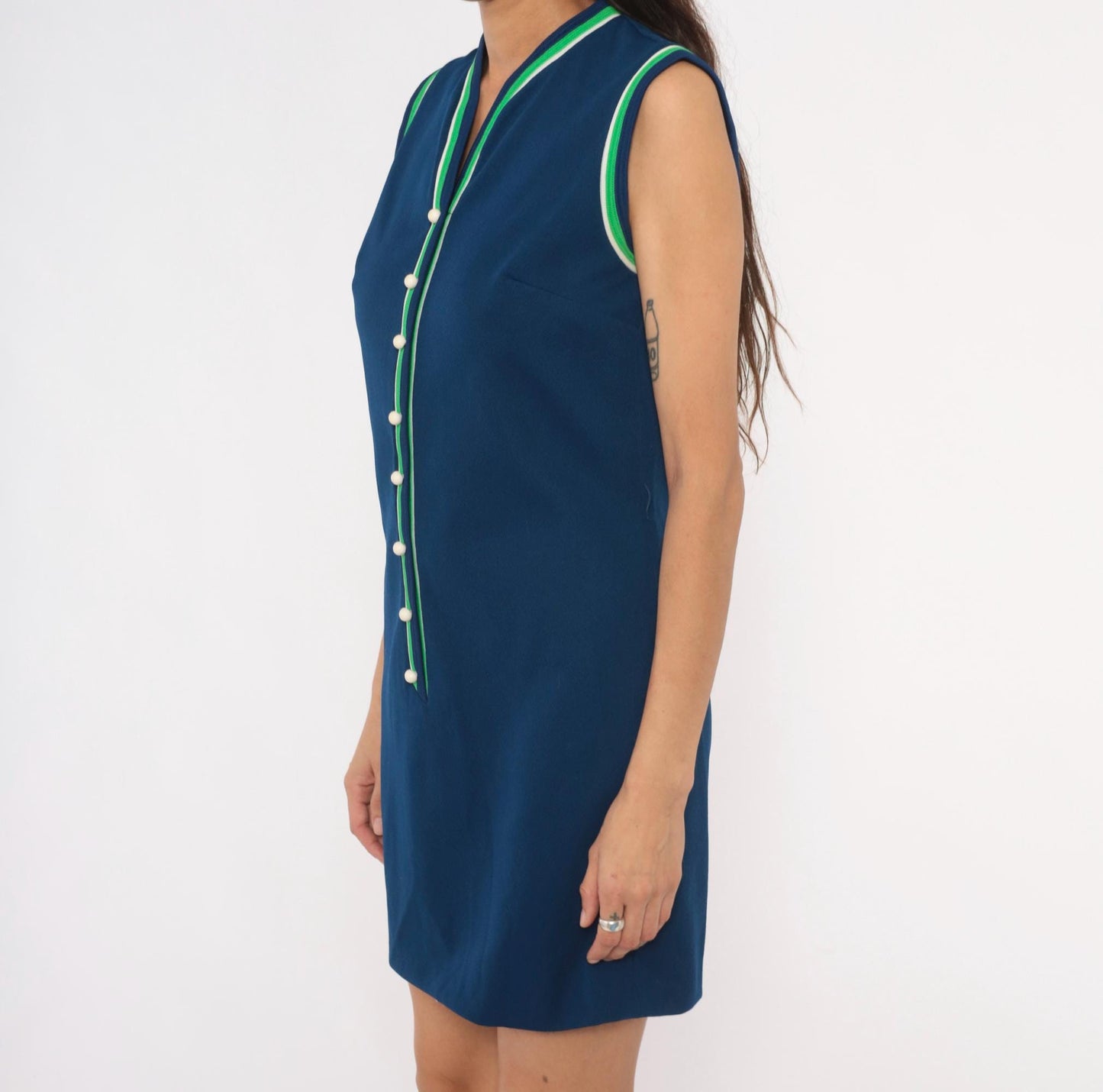 70s Toni Todd Navy Shift Dress Sleeveless V-Neck Striped Trim Small