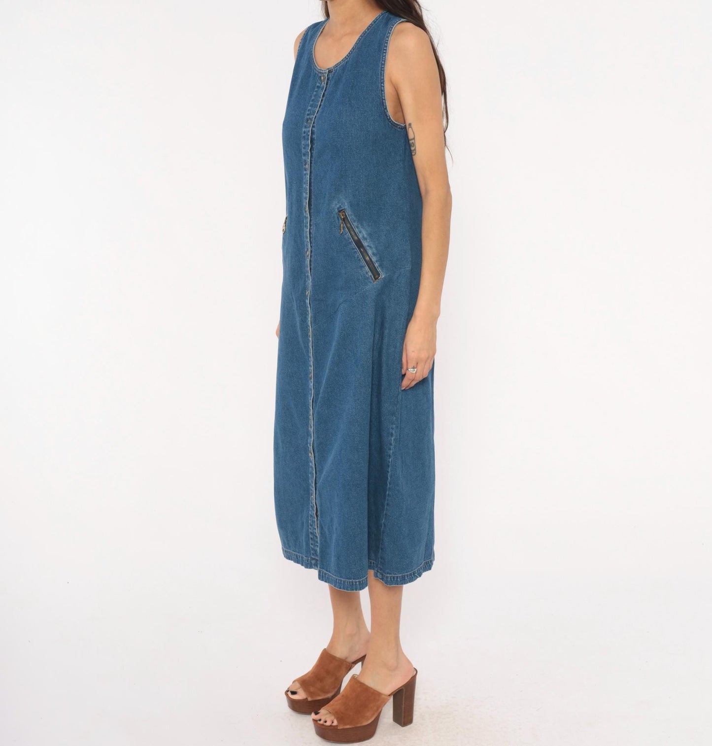90s Original Ty2 Denim Jumper Dress Midi Button Front Cotton Navy Extra Small