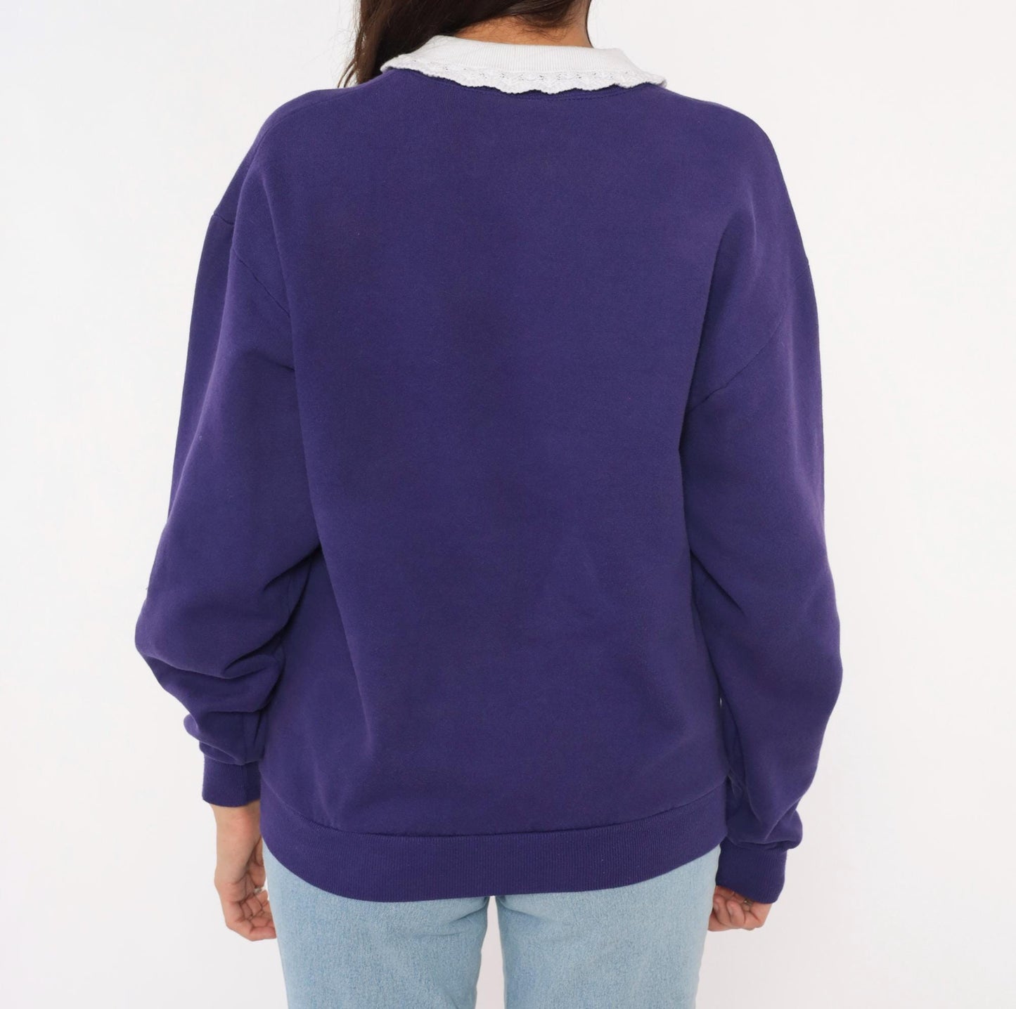 90s PegiGoff Purple Sweatshirt Peter Pan Collar Lace Heart Floral Medium M
