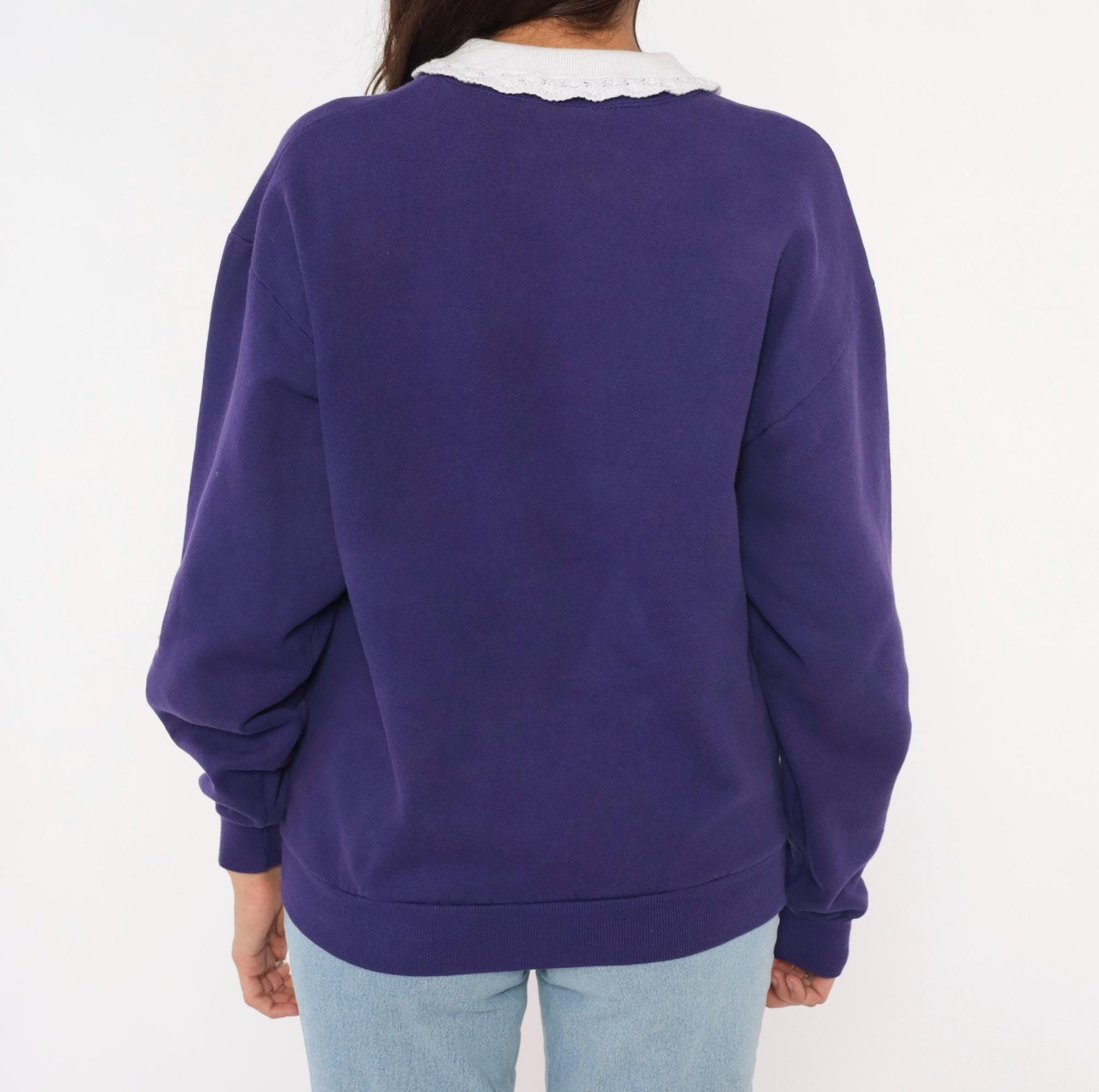 90s PegiGoff Purple Sweatshirt Peter Pan Collar Lace Heart Floral Medium M
