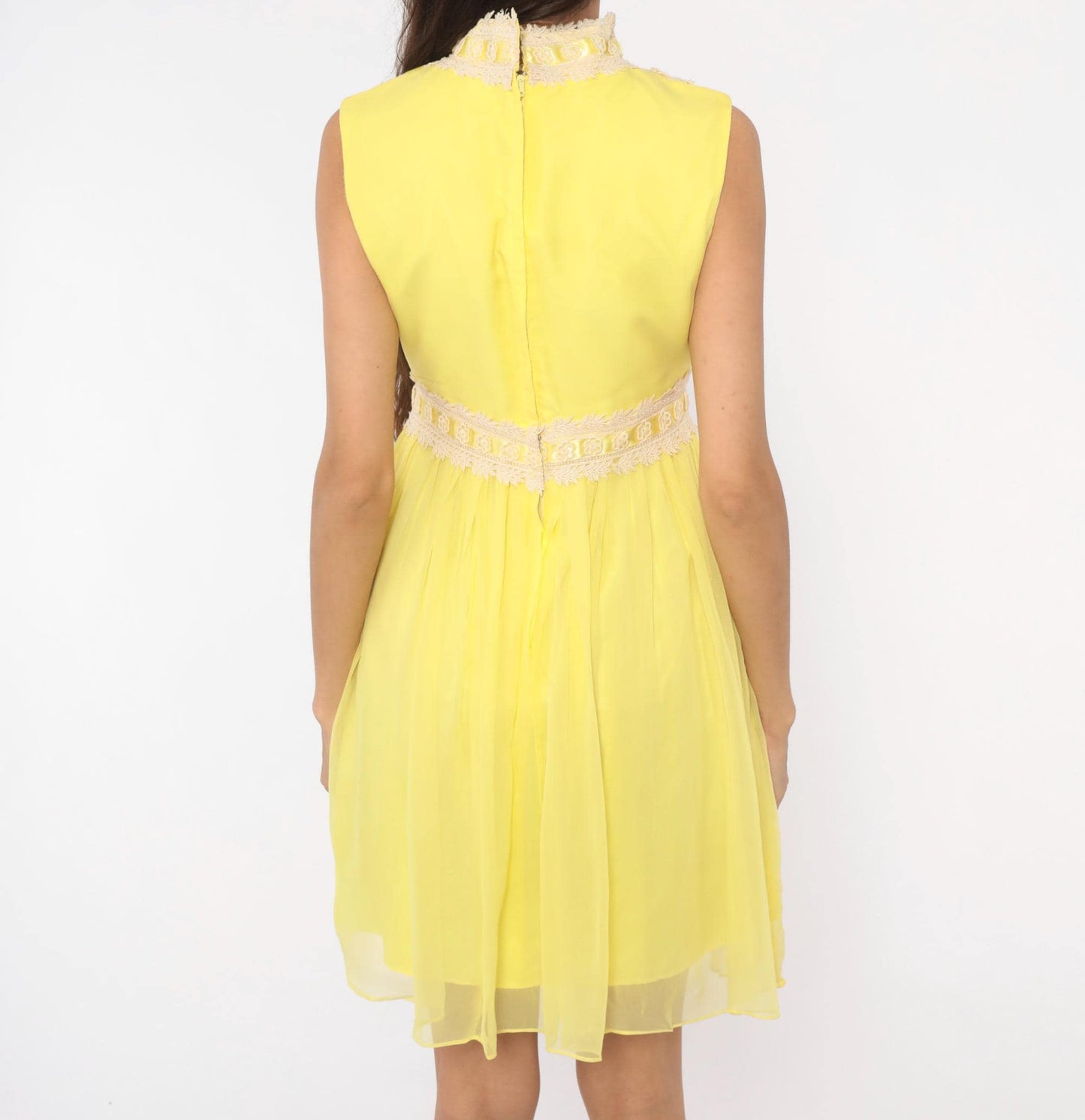1970s Yellow Chiffon Mini Dress Lace Trim Mock Neck Pintuck Bodice Small