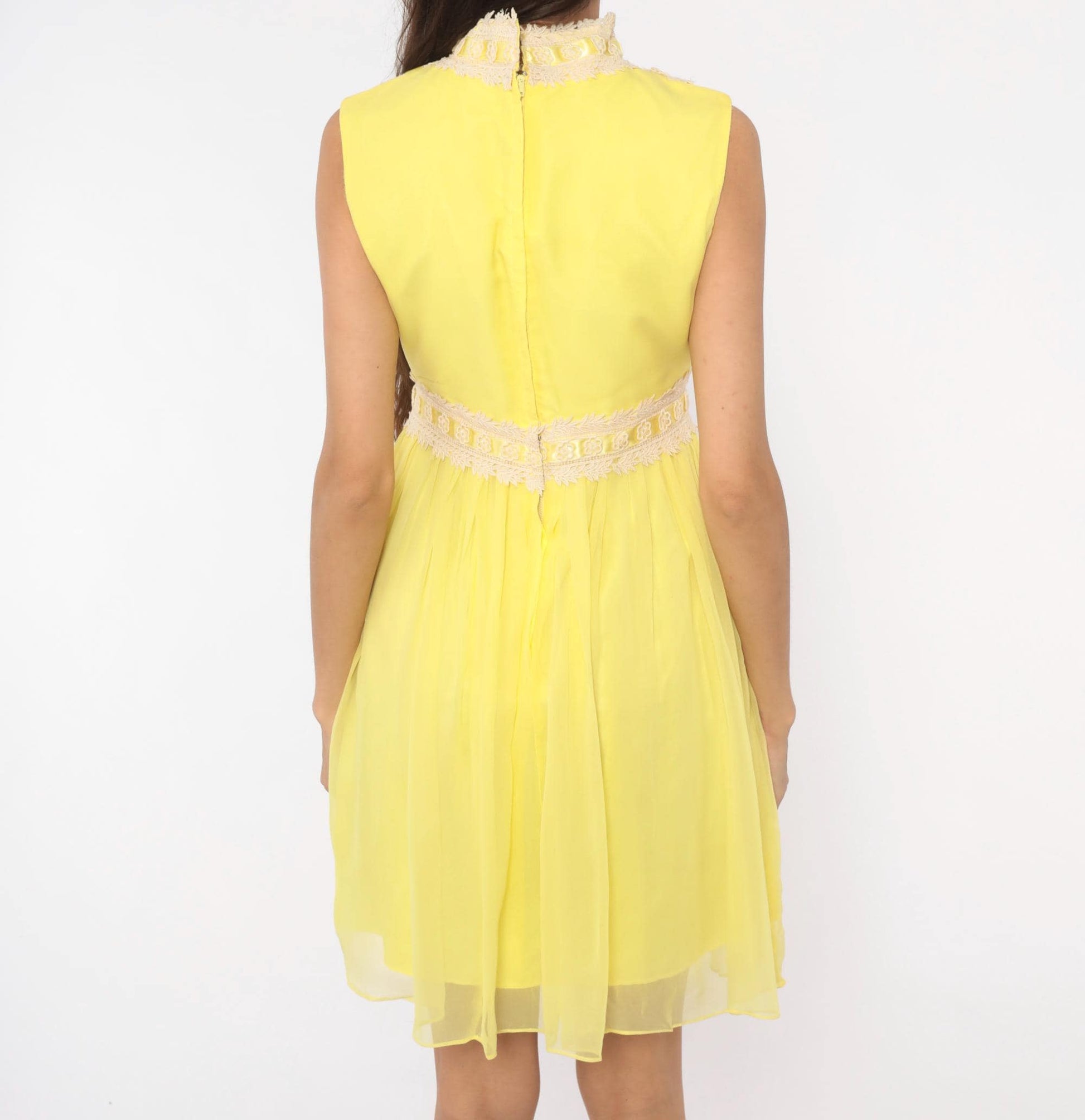 1970s Yellow Chiffon Mini Dress Lace Trim Mock Neck Pintuck Bodice Small