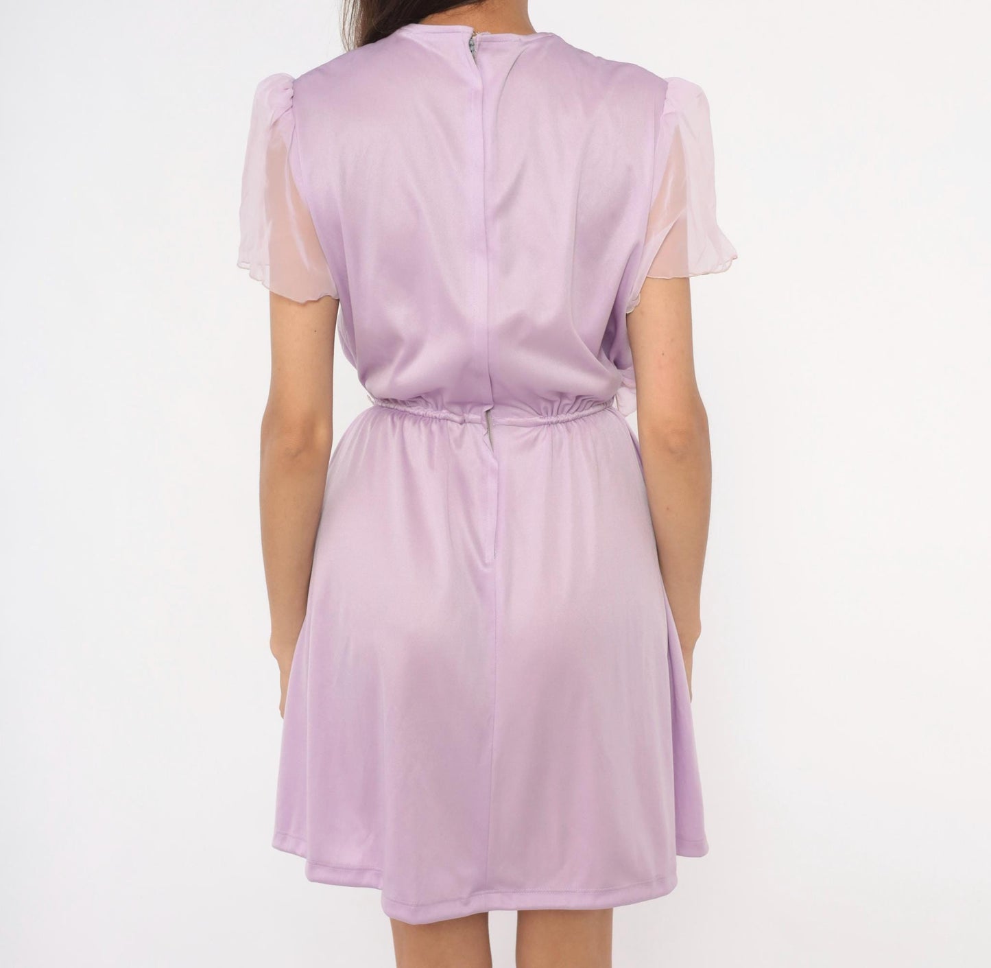 70s Lilac Chiffon Dress Flutter Sleeve Ruffle Bodice Knee-Length Small Medium
