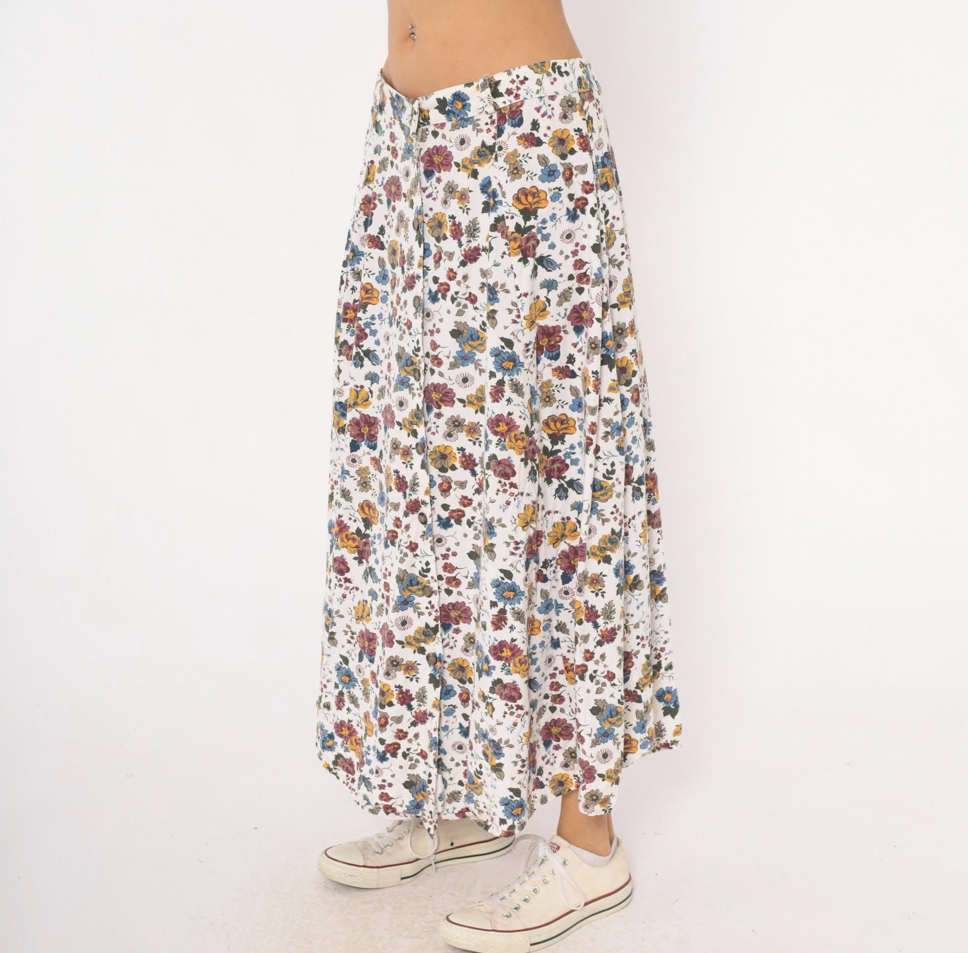 90s White Stag Floral Maxi Skirt Burgundy Mustard Garden Print Large L