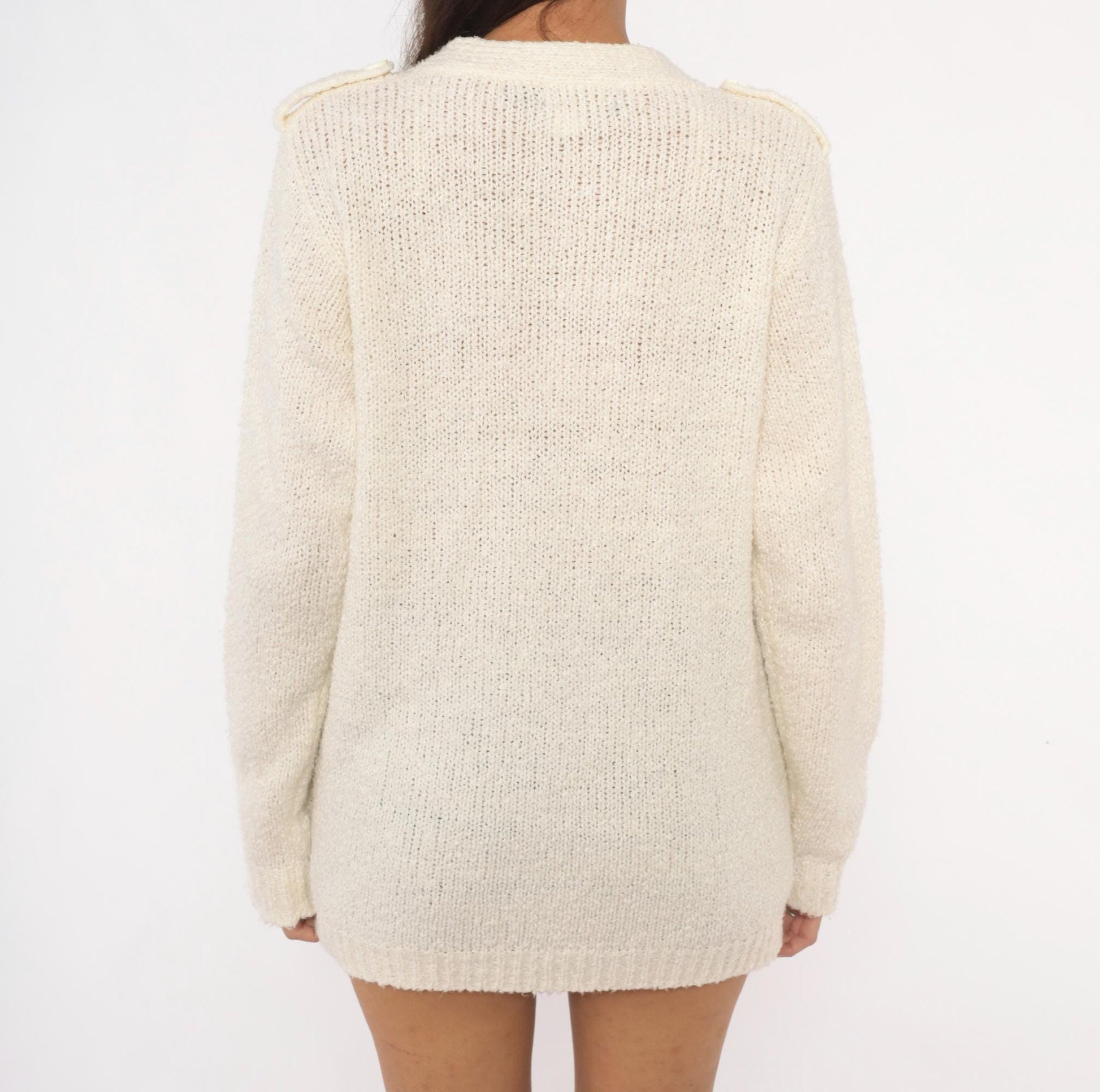 70s LeRoy Knitwear Open Front Cardigan Cream Bouclé Deep V Neck Medium