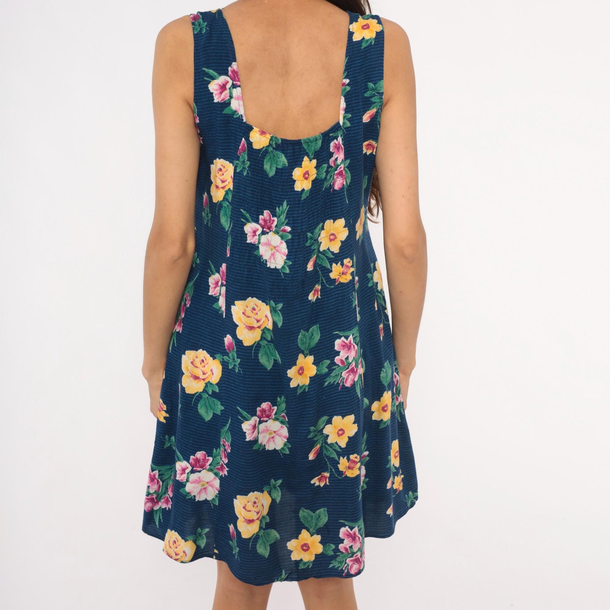 90s Tr Bentley Floral Sundress Navy Blue Yellow Rose Print Medium M