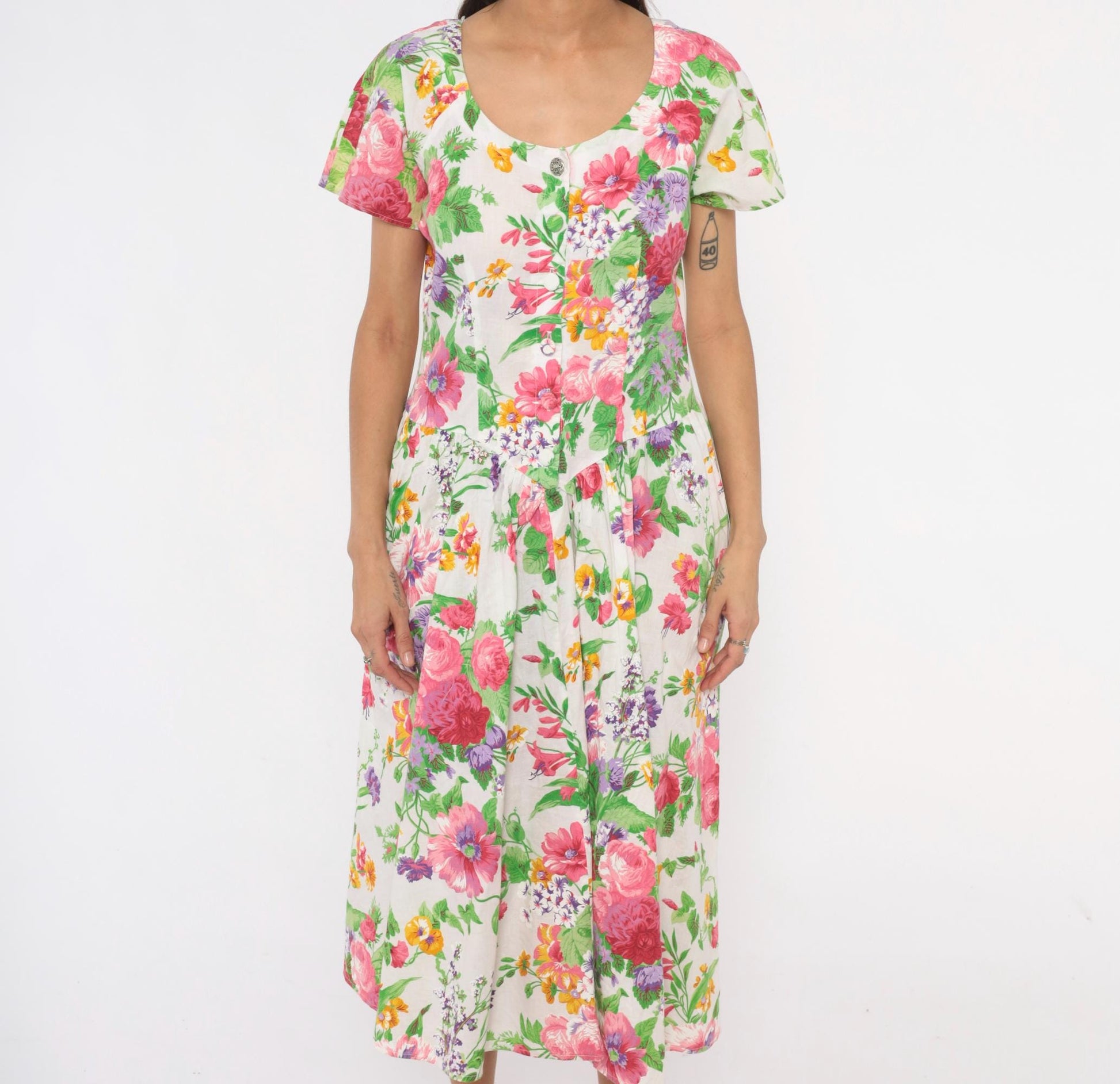 80s Dawn Joy Fashions Floral Midi Dress Cotton Pink Rose Garden Print Medium