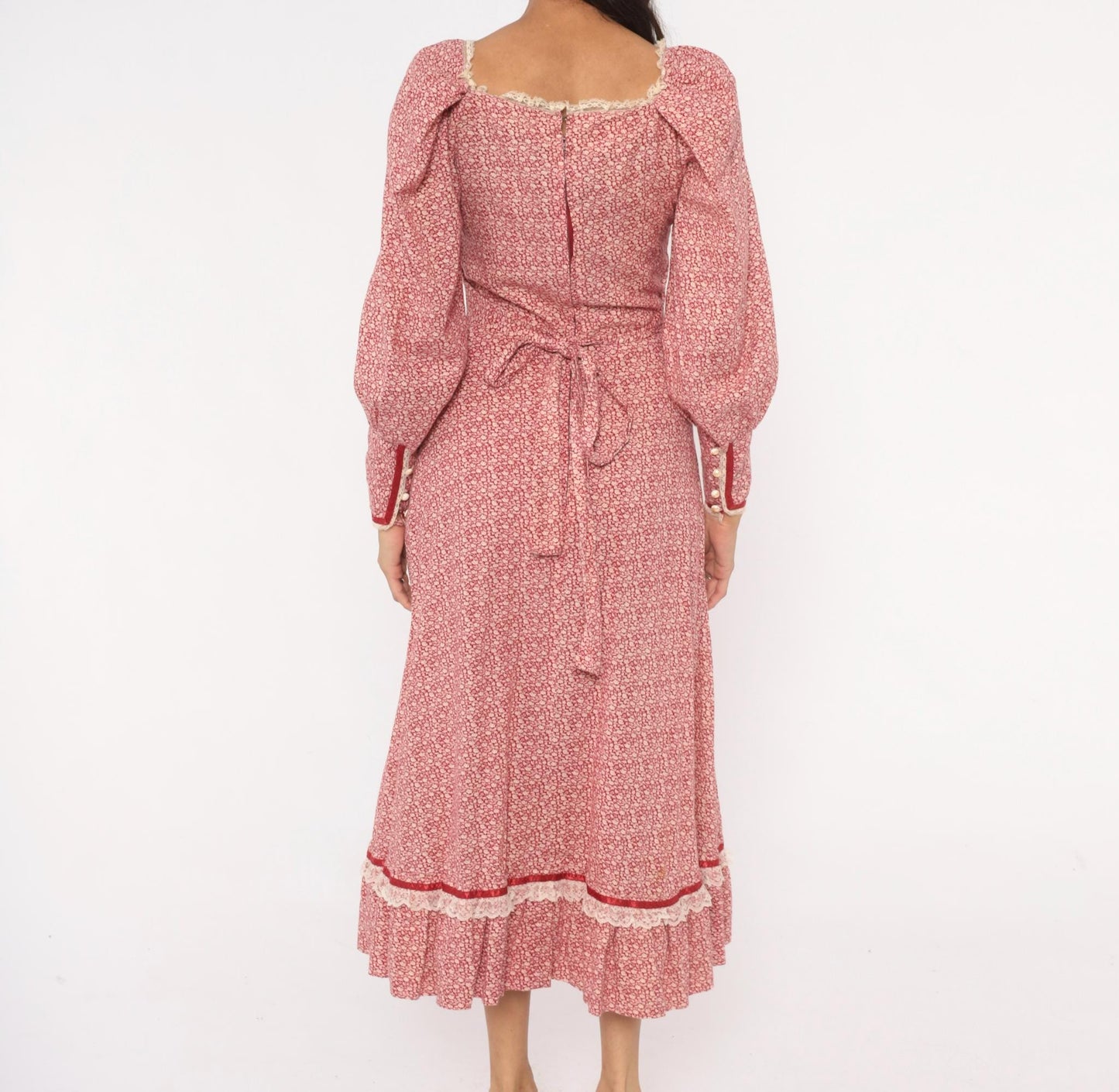 70s Wildes Red Calico Prairie Dress Lace Corset Puff Sleeve Maxi Small