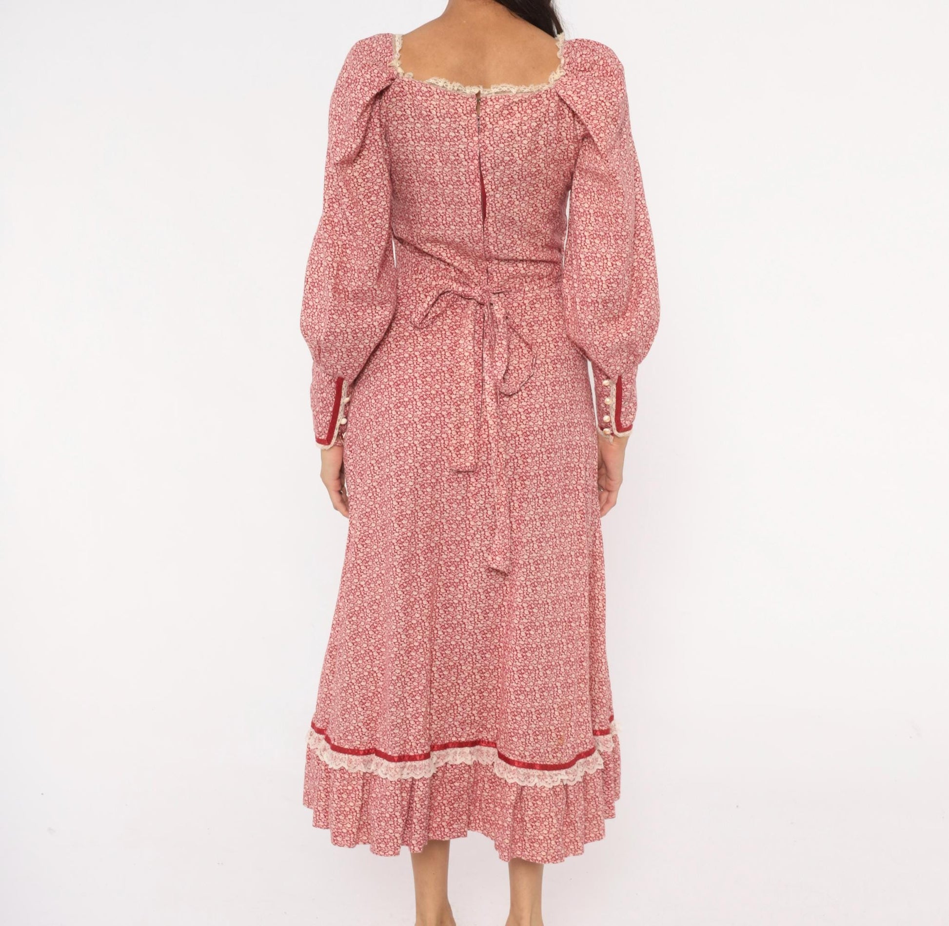 70s Wildes Red Calico Prairie Dress Lace Corset Puff Sleeve Maxi Small