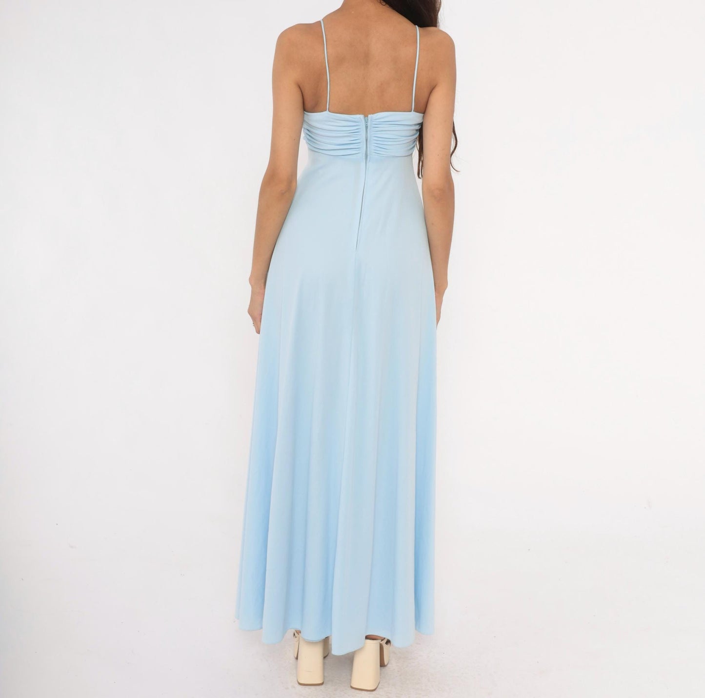 70s Baby Blue Maxi Dress Spaghetti Strap Sweetheart Neckline Empire Waist Extra Small XS