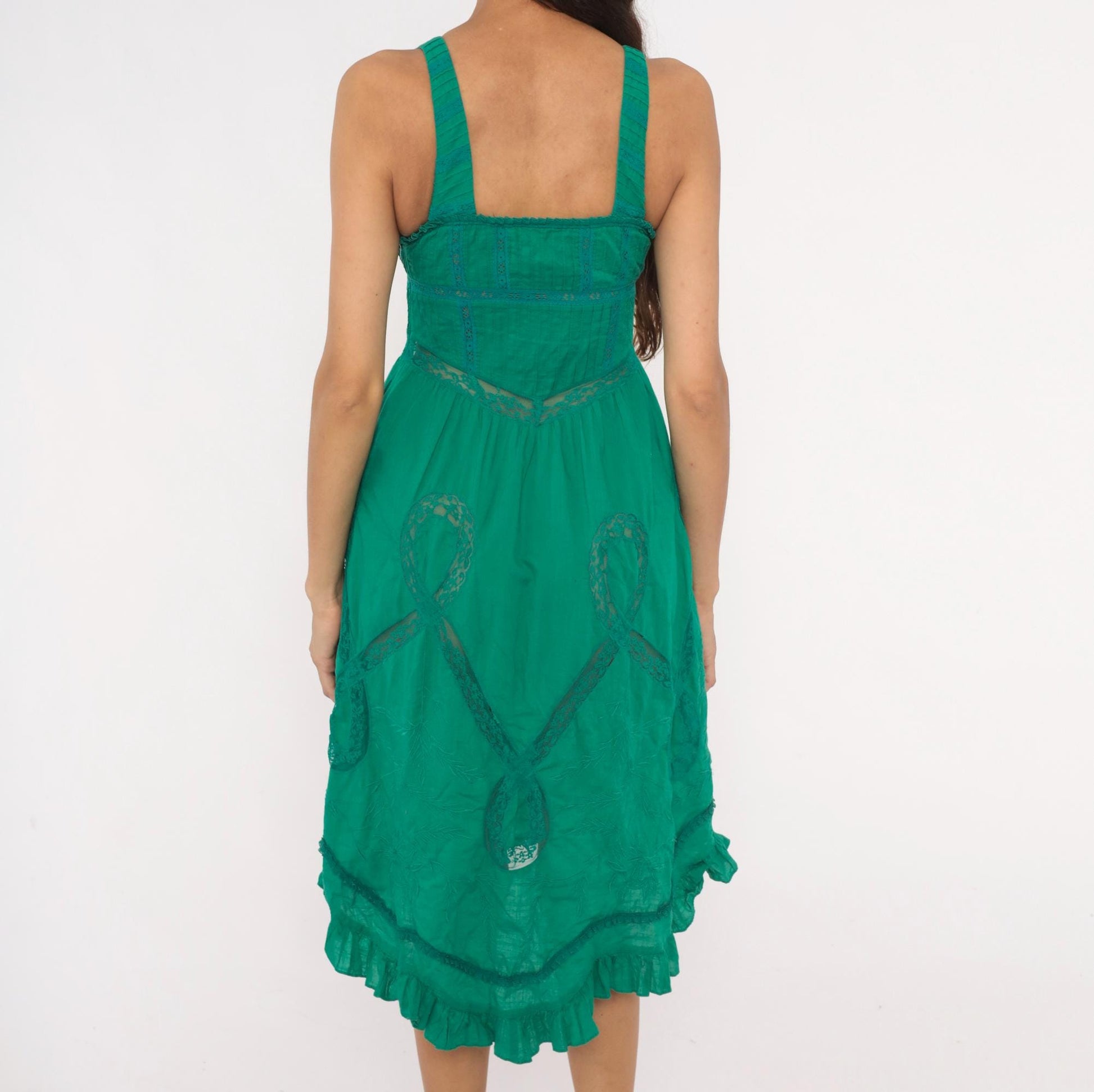 Y2K Free People Teal Lace Corset Sundress Sweetheart Neckline Cotton XS