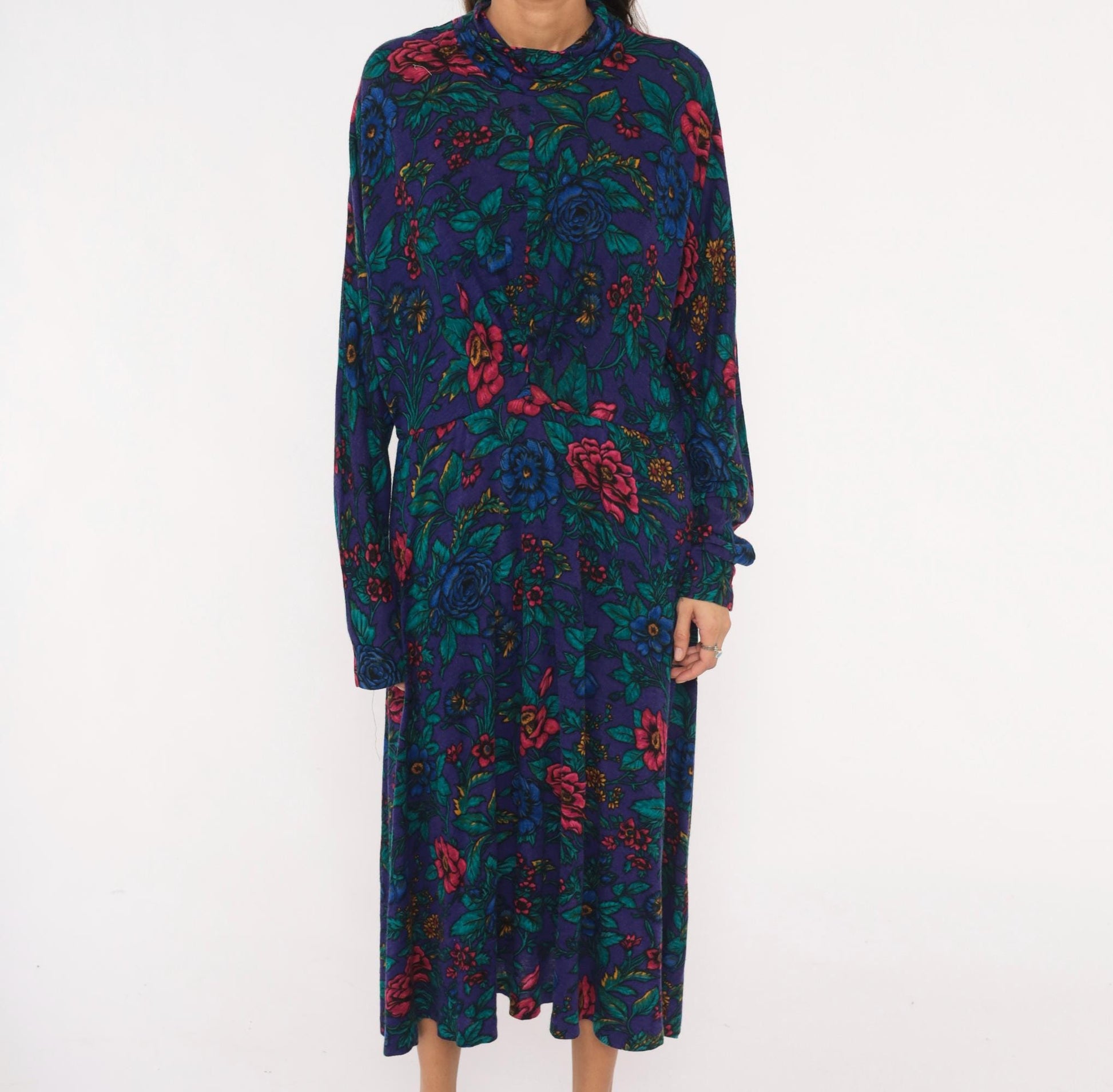 90s Alison J. Floral Mock Neck Midi Dress Purple Teal Long Sleeve Large L