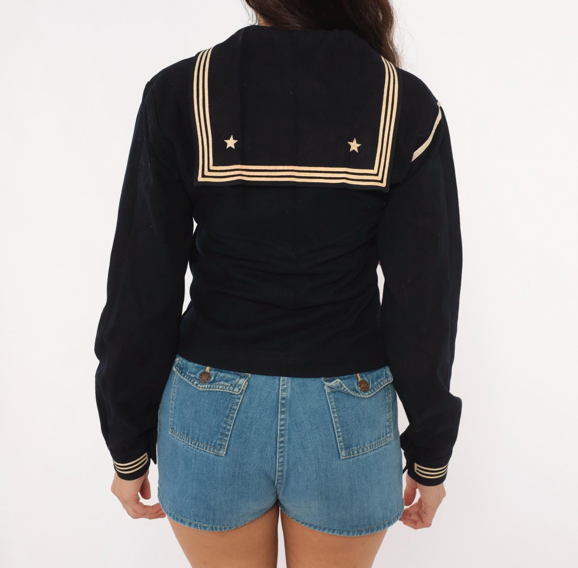 1940s Navy Wool Sailor Middy Blouse Embroidered Stars Small
