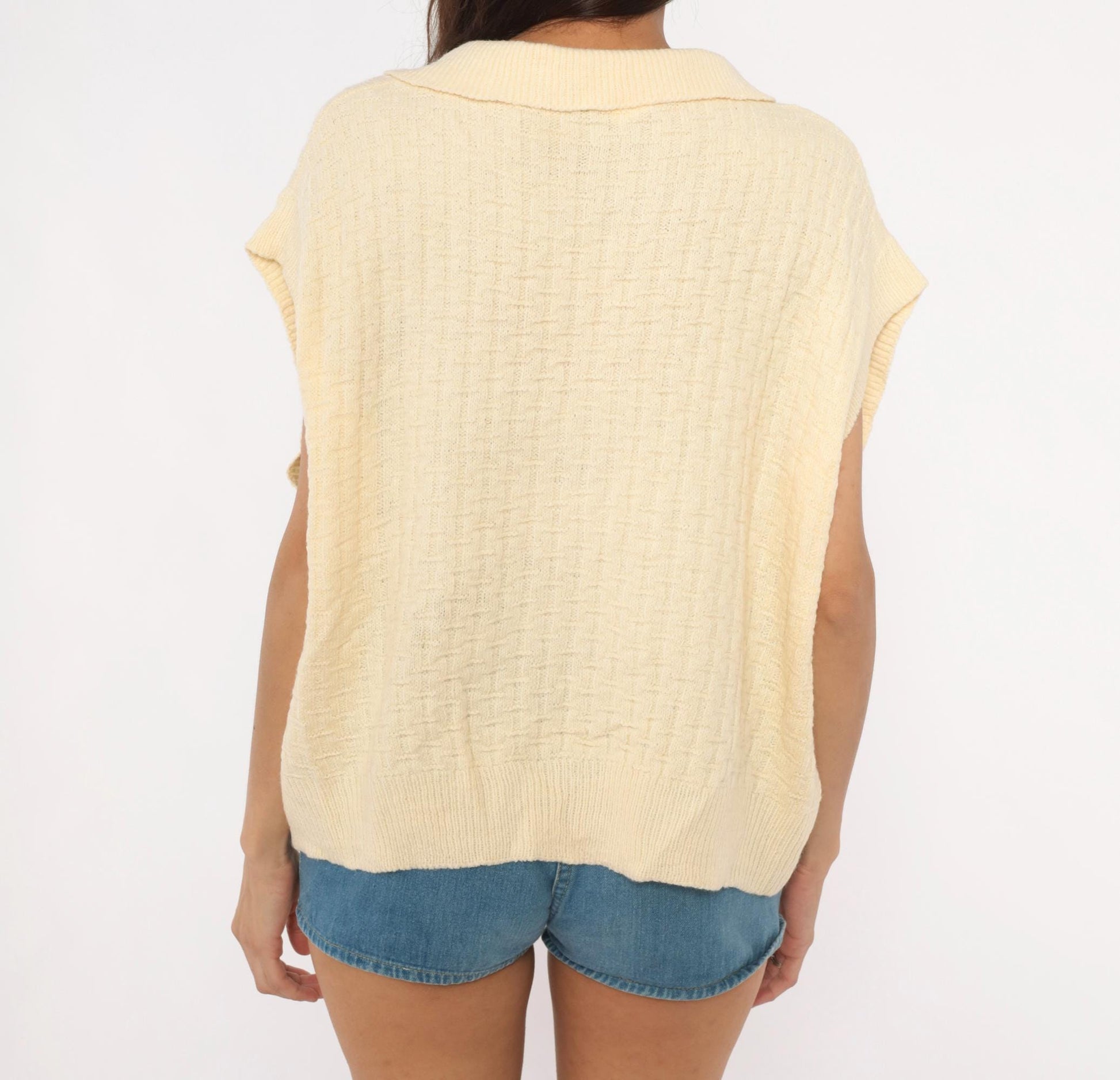 70s Cream Knit Polo Sweater Cap Sleeve V-Neck Collared Pullover Extra Large XL