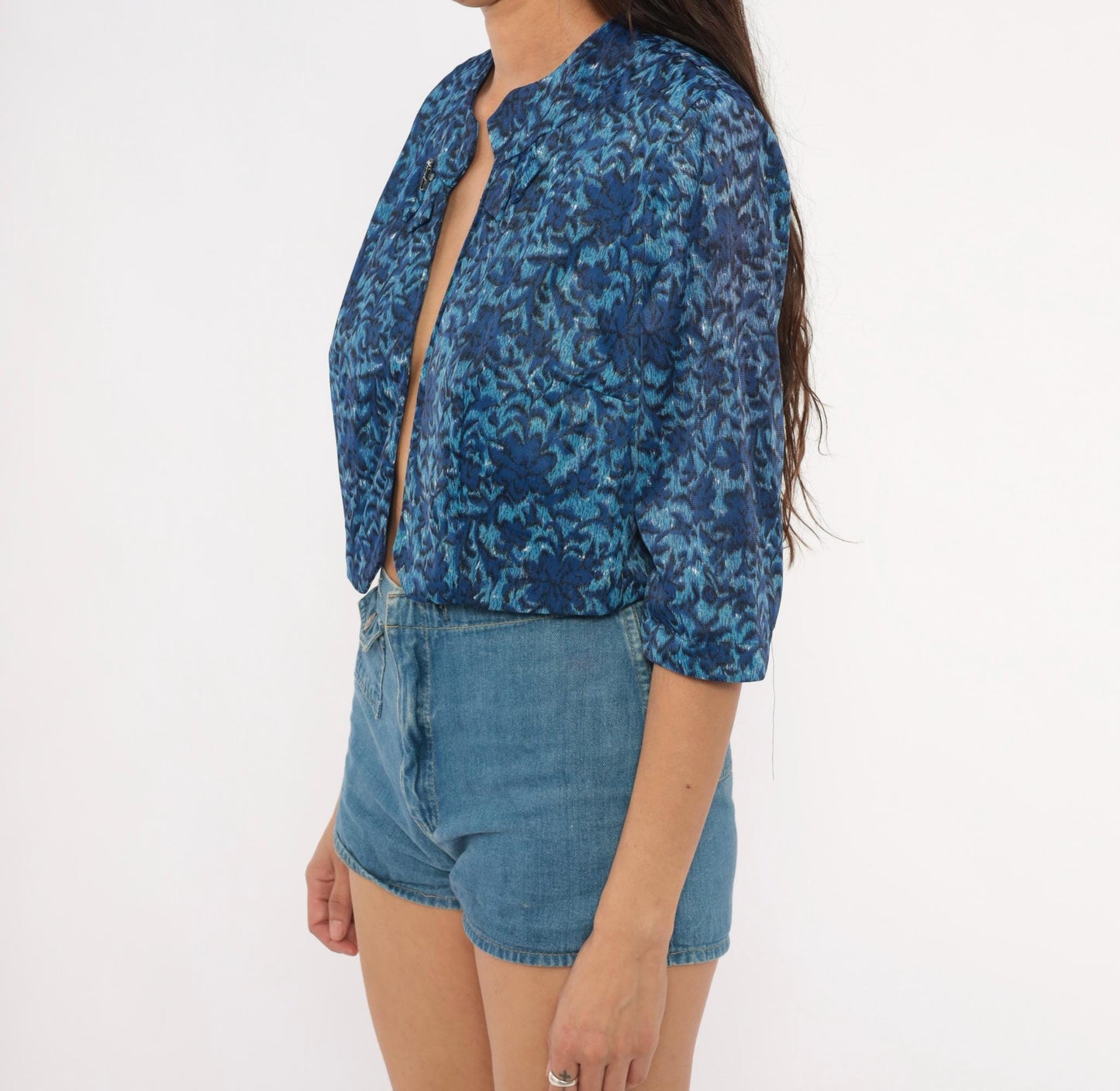 60s Cobalt Jacquard Bolero Jacket Floral Damask Three Quarter Sleeve Medium M