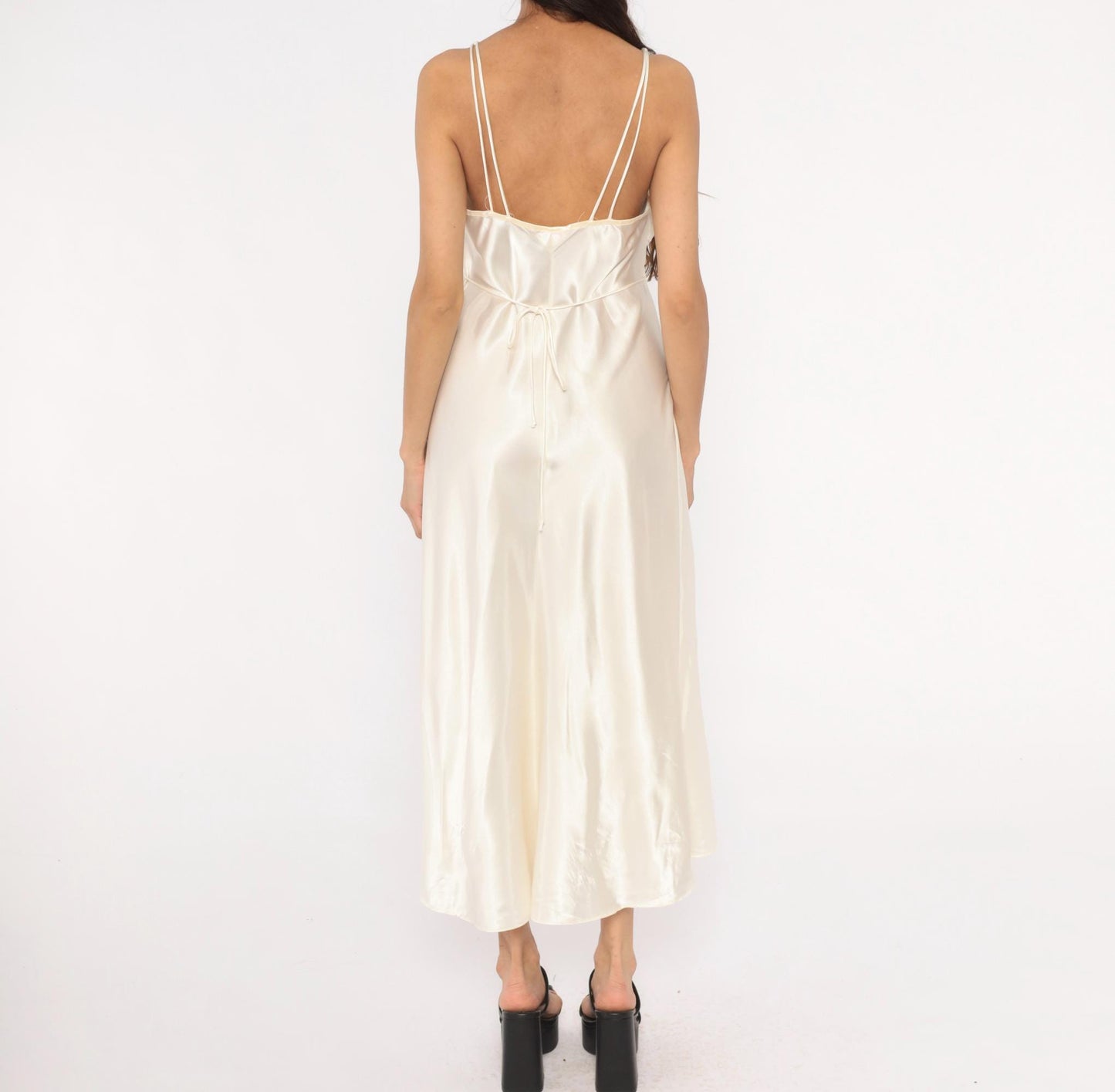 90s Just Flora Cream Satin Slip Dress Midi Lace Pleated Bust V Neck Large L