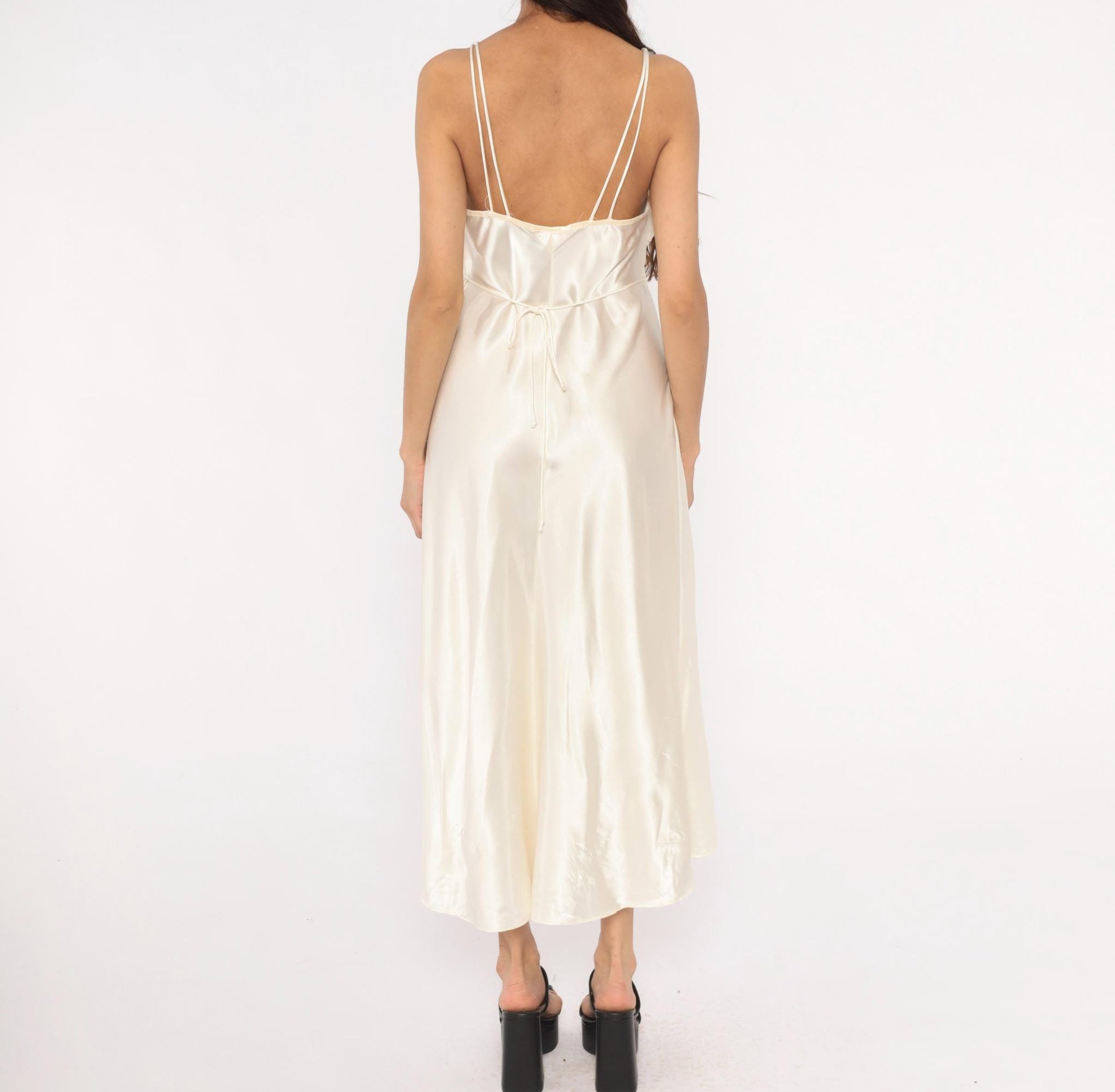 90s Just Flora Cream Satin Slip Dress Midi Lace Pleated Bust V Neck Large L
