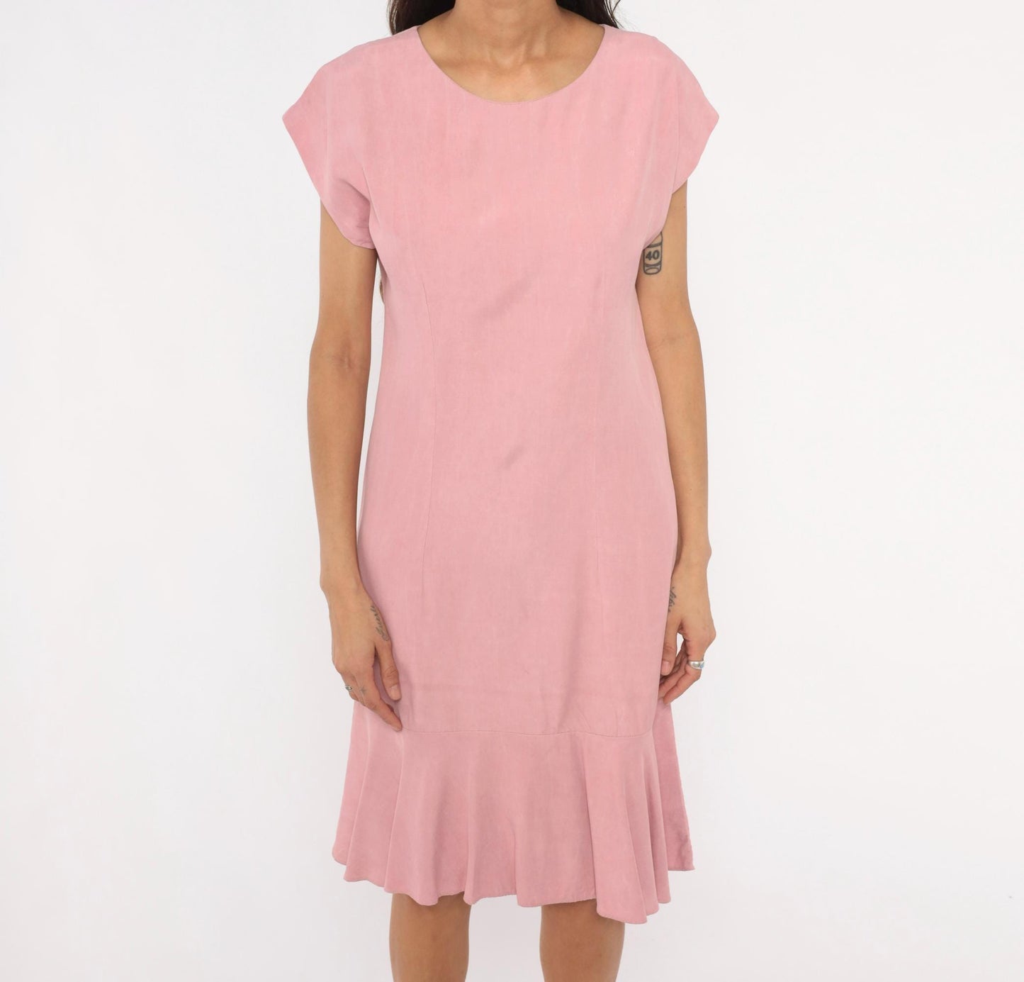 80s Damon Petite Dusty Rose Drop Waist Dress Cap Sleeve Knee Length Small S