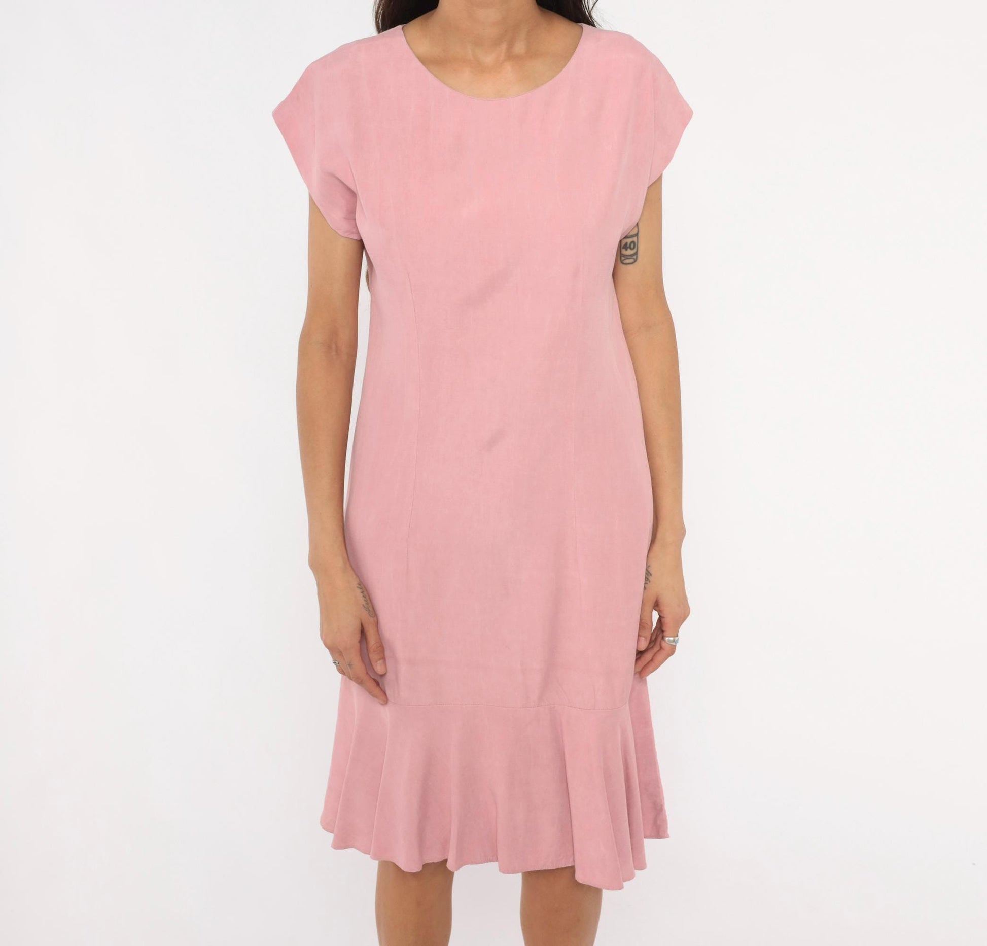 80s Damon Petite Dusty Rose Drop Waist Dress Cap Sleeve Knee Length Small S