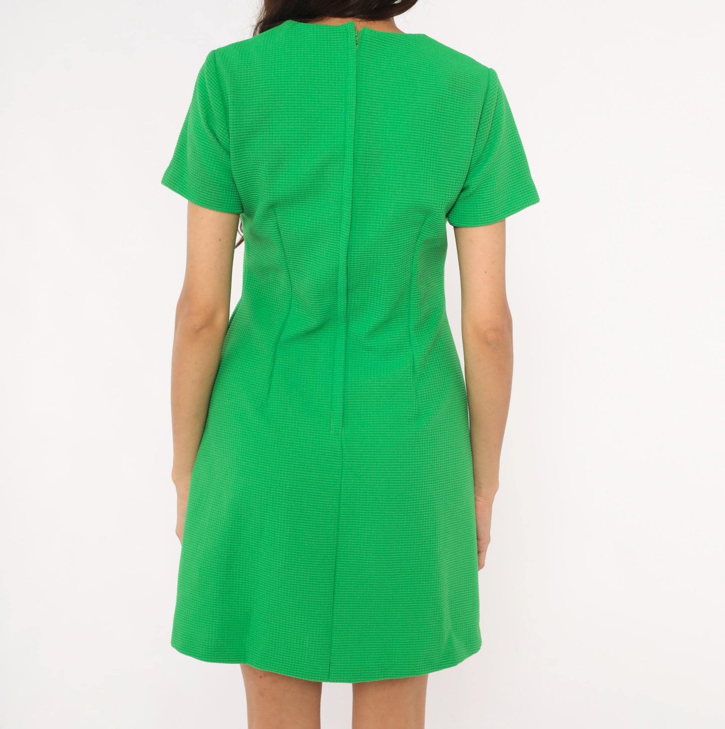 60s Sears Mod Mini Dress Green Shift Waffle Knit Fitted Waist Medium