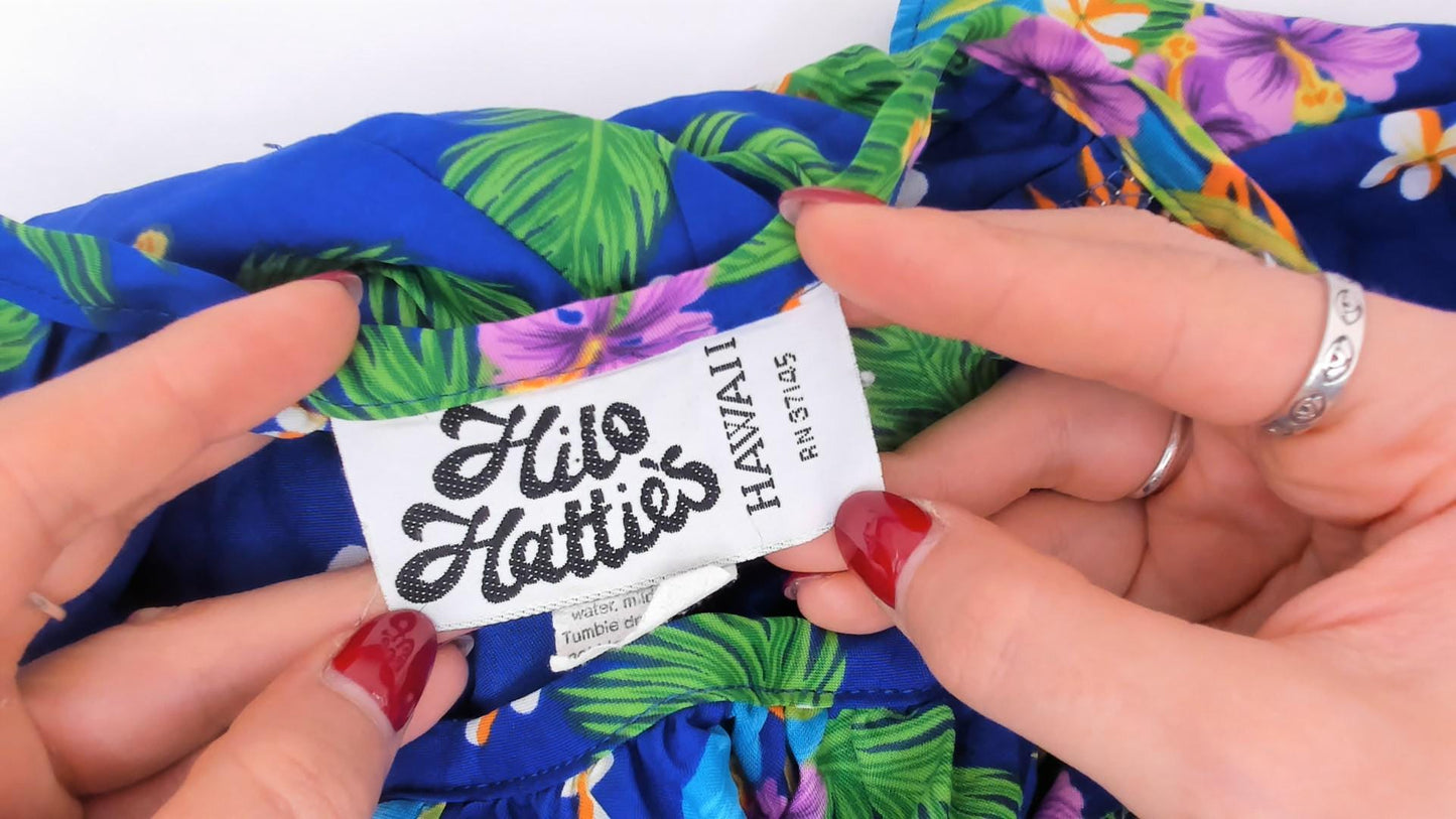 80s Hilo Hatties Hawaiian Maxi Dress Cobalt Blue Floral Palm Leaf Medium
