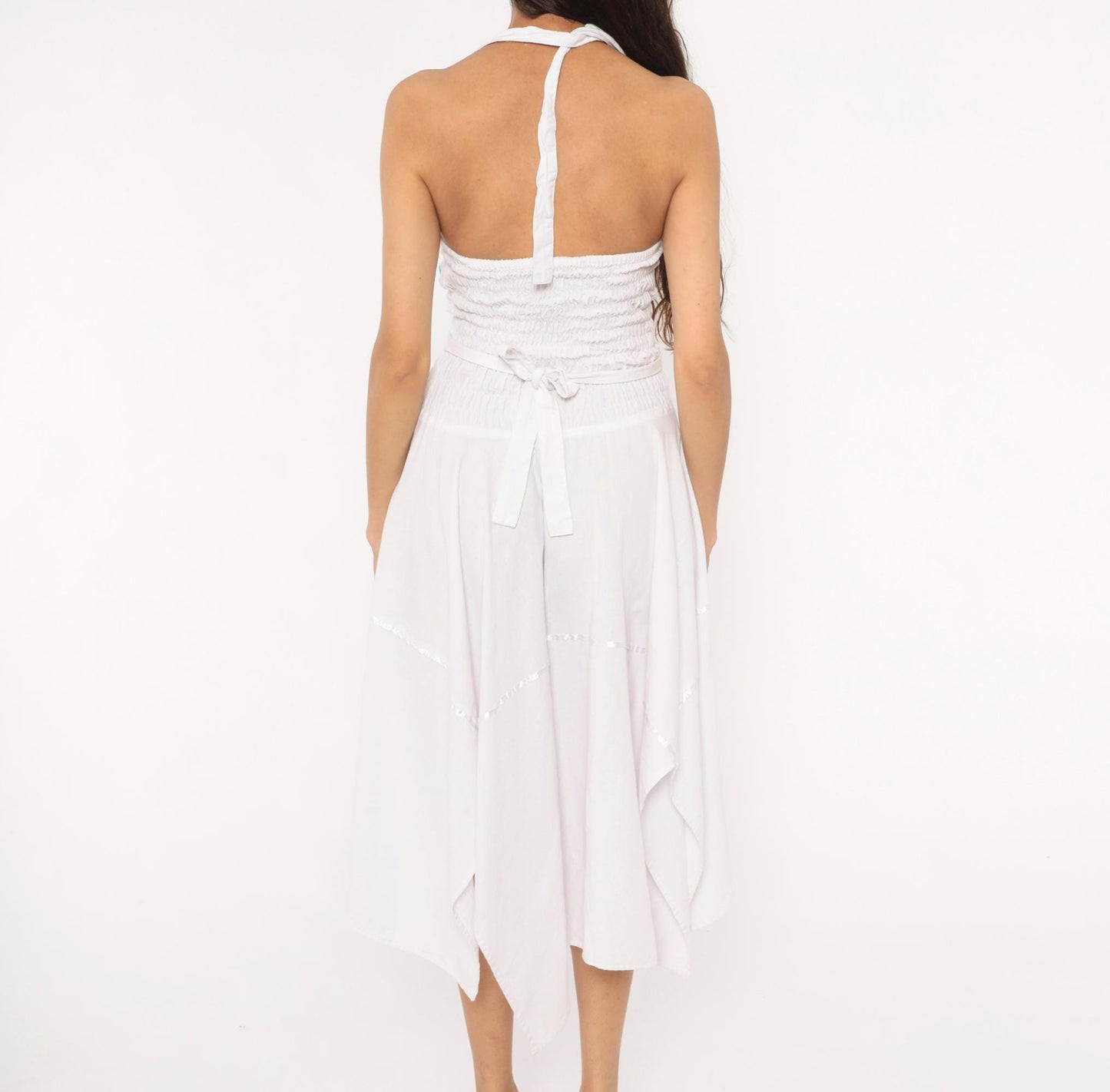 90s White Cotton Halter Dress Floral Embroidery Handkerchief Hem Midi Medium M