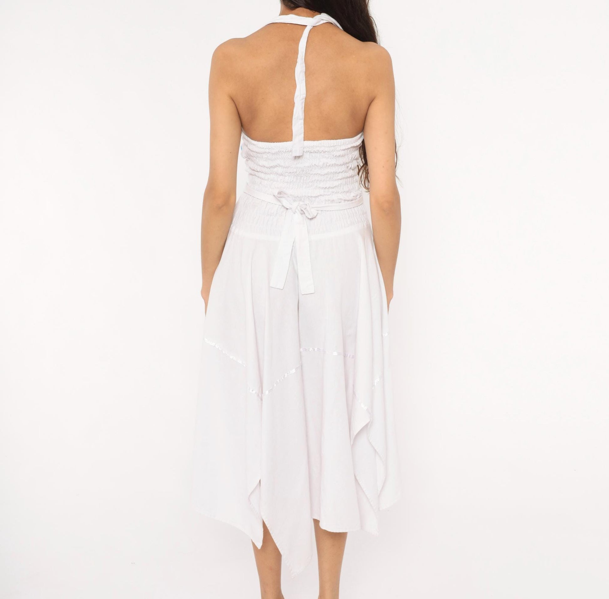 90s White Cotton Halter Dress Floral Embroidery Handkerchief Hem Midi Medium M