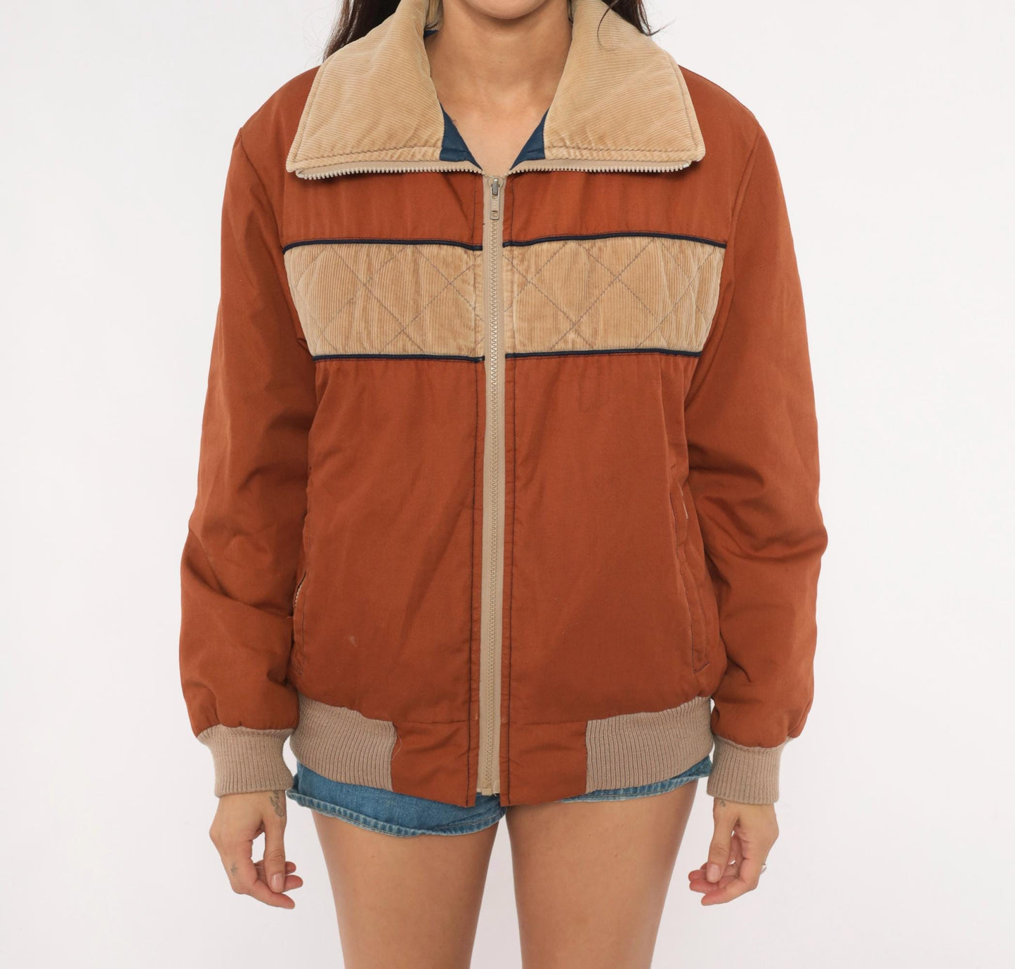 70s Golden Bay Ski Bomber Jacket Rust Brown Corduroy Color Block Small