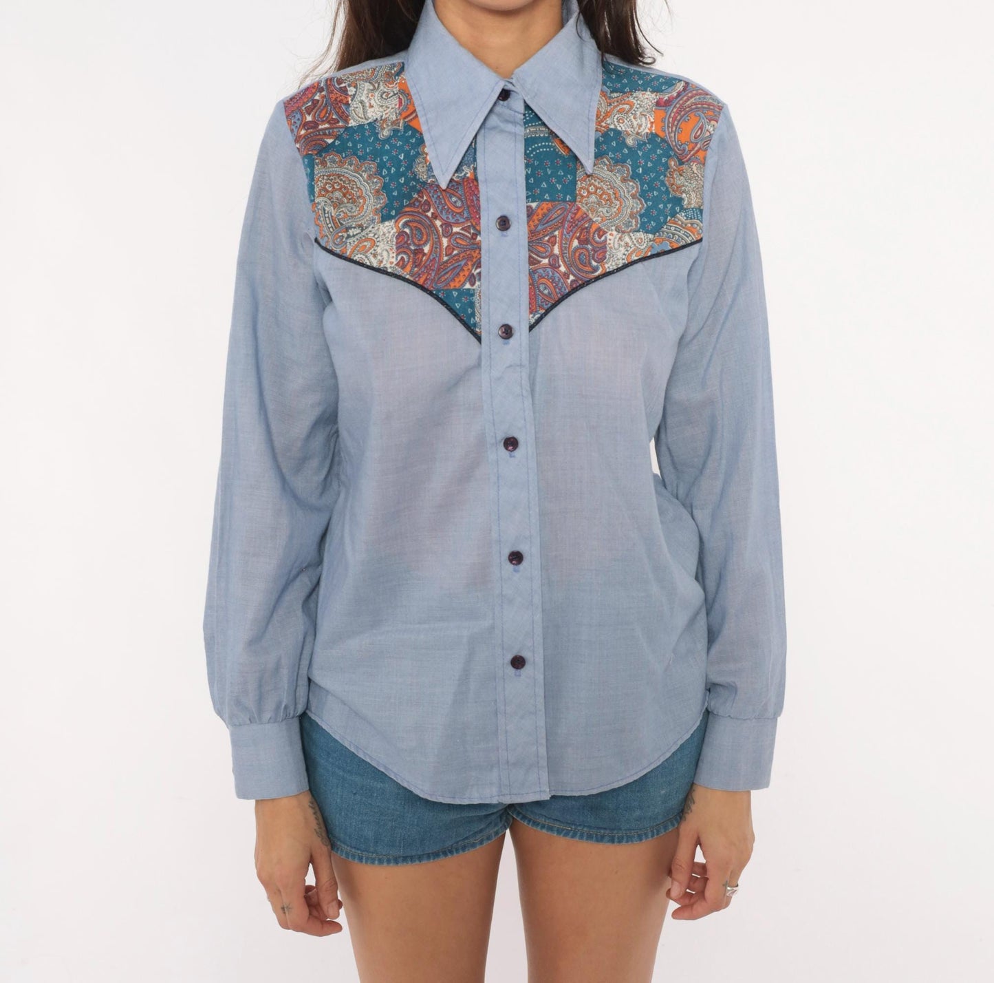 70s Paisley Western Chambray Shirt Pointed Collar Cotton Yoke Blouse Medium