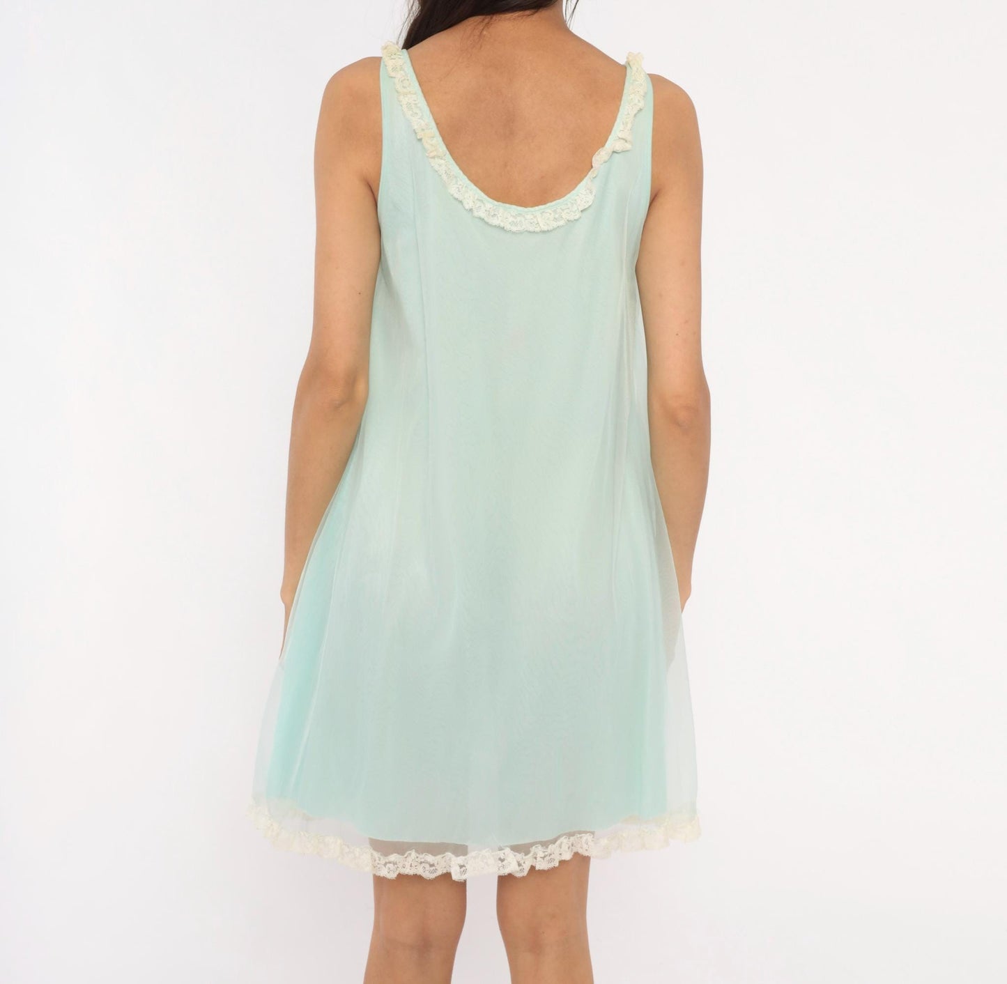 70s Seafoam Babydoll Nightgown Lace Trim Sheer Chiffon Mint Green Mini Medium