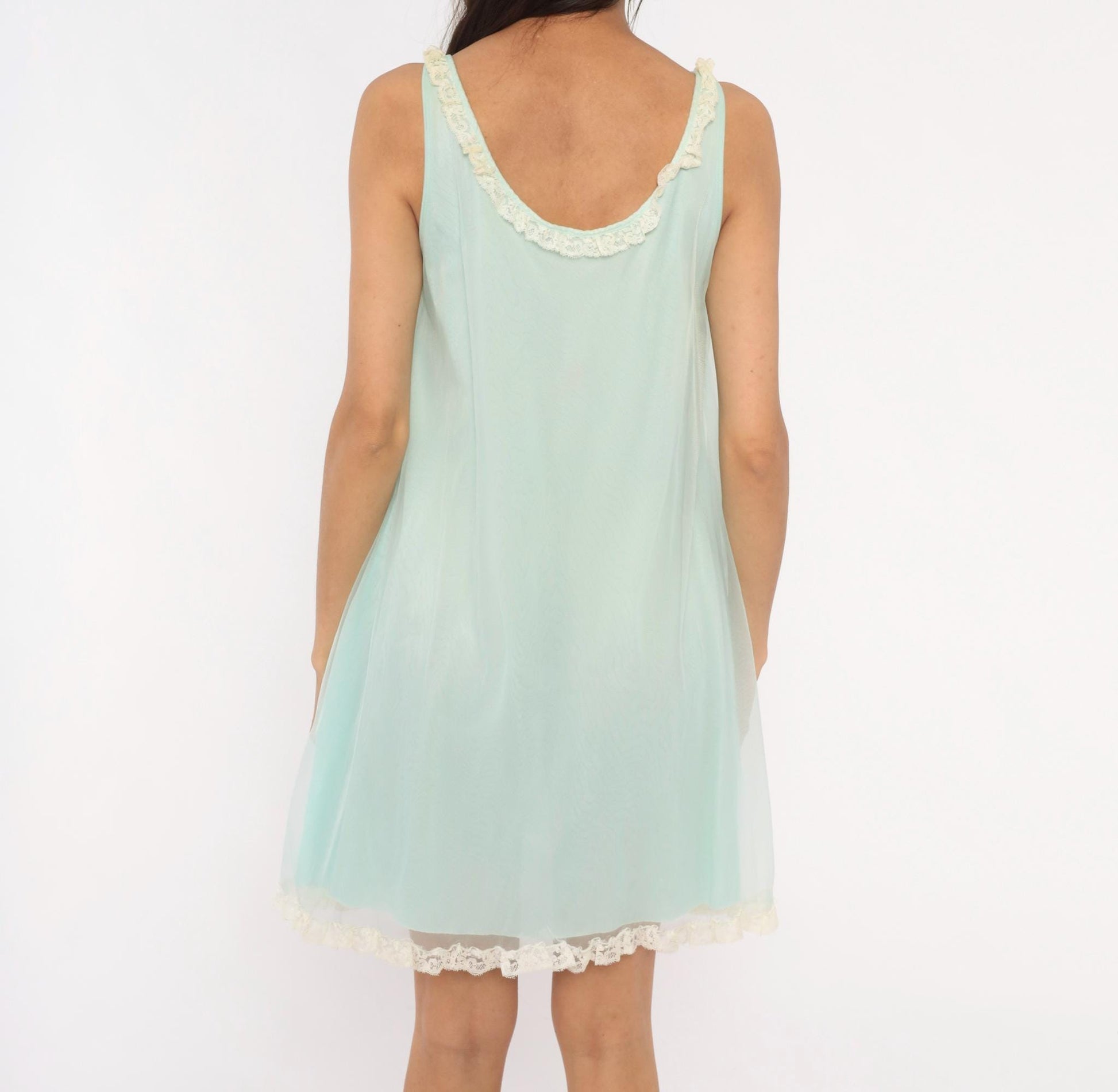 70s Seafoam Babydoll Nightgown Lace Trim Sheer Chiffon Mint Green Mini Medium