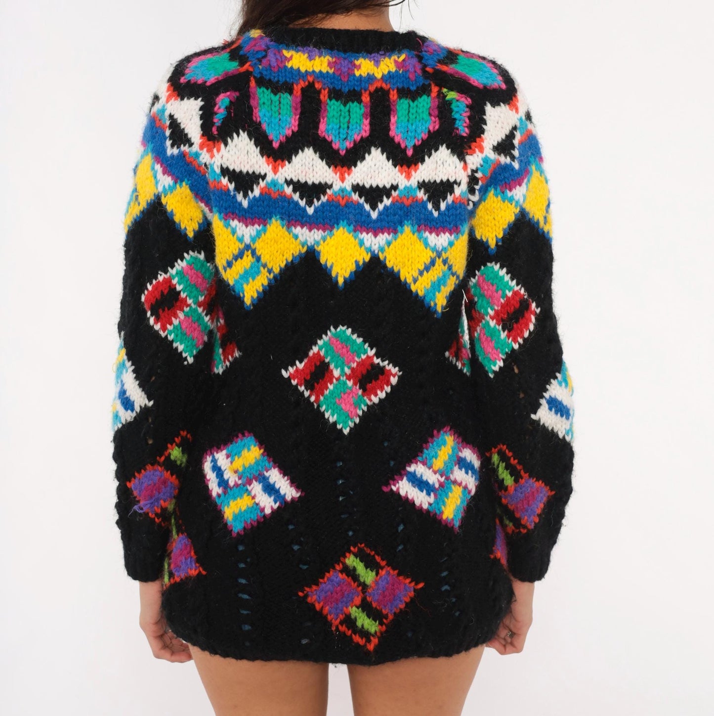 90s Kitty Hawk Fair Isle Sweater Black Multicolor Diamond Pullover Small S